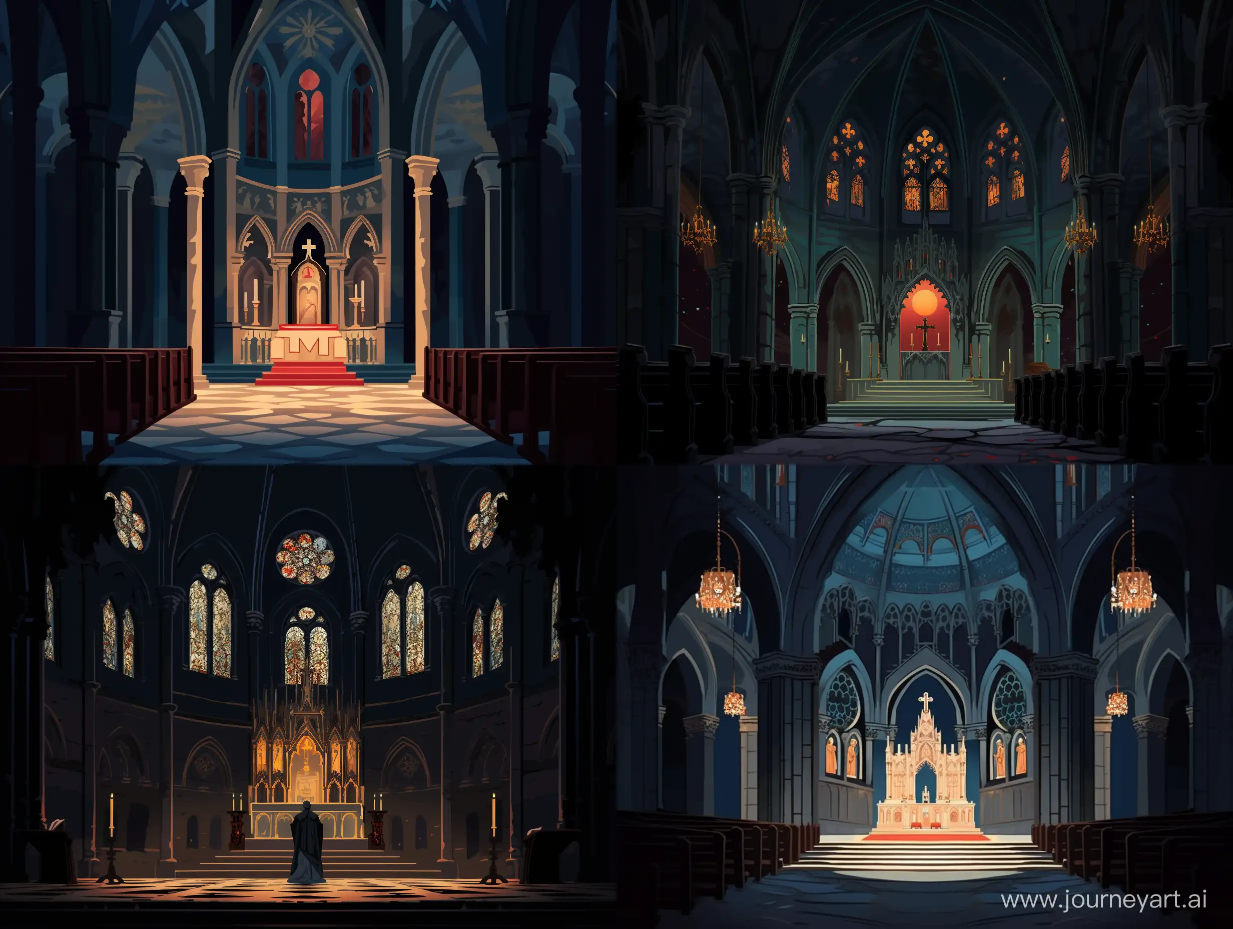 a scene of a Romanesque style Catholic church at night. The view is from the left-hand side of the altar, looking back over the altar-rail toward the doors. ghibli style. negative space. hand-painted.