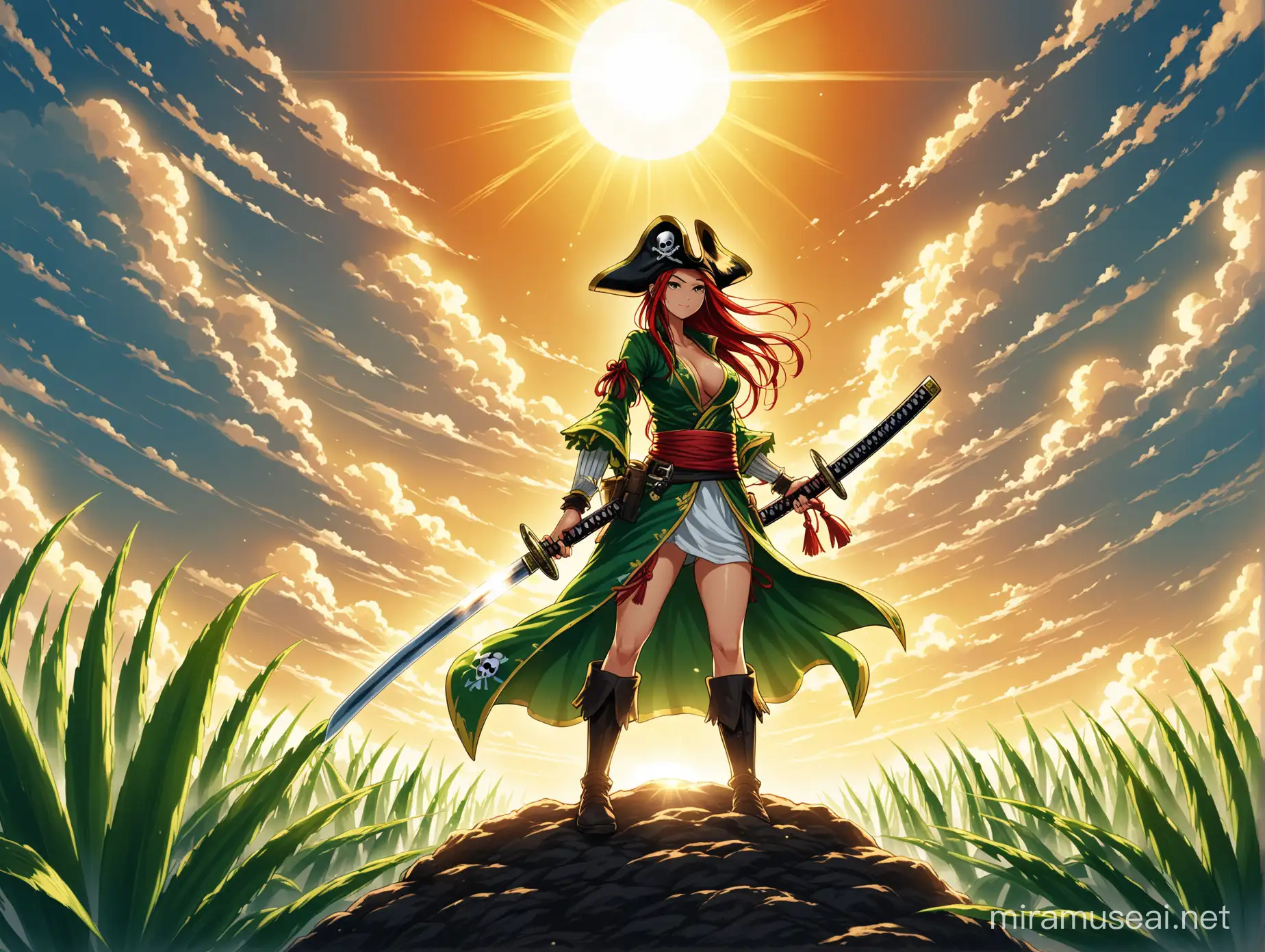 a lithe plant-woman is posing with a katana in front of enemy pirates as the sun shines through the clouds overhead