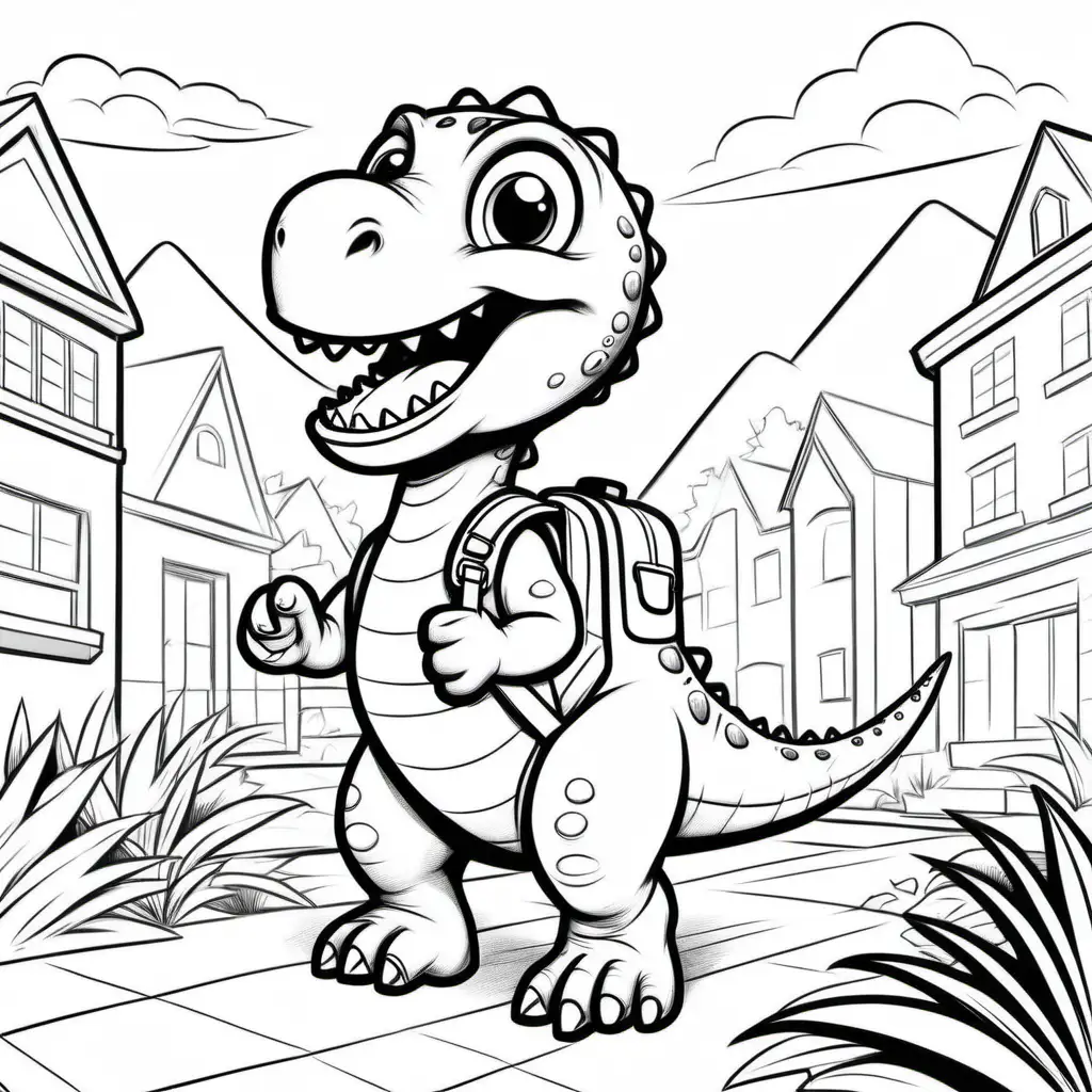 Cute Dinosaur Heading to School Coloring Page for Kids