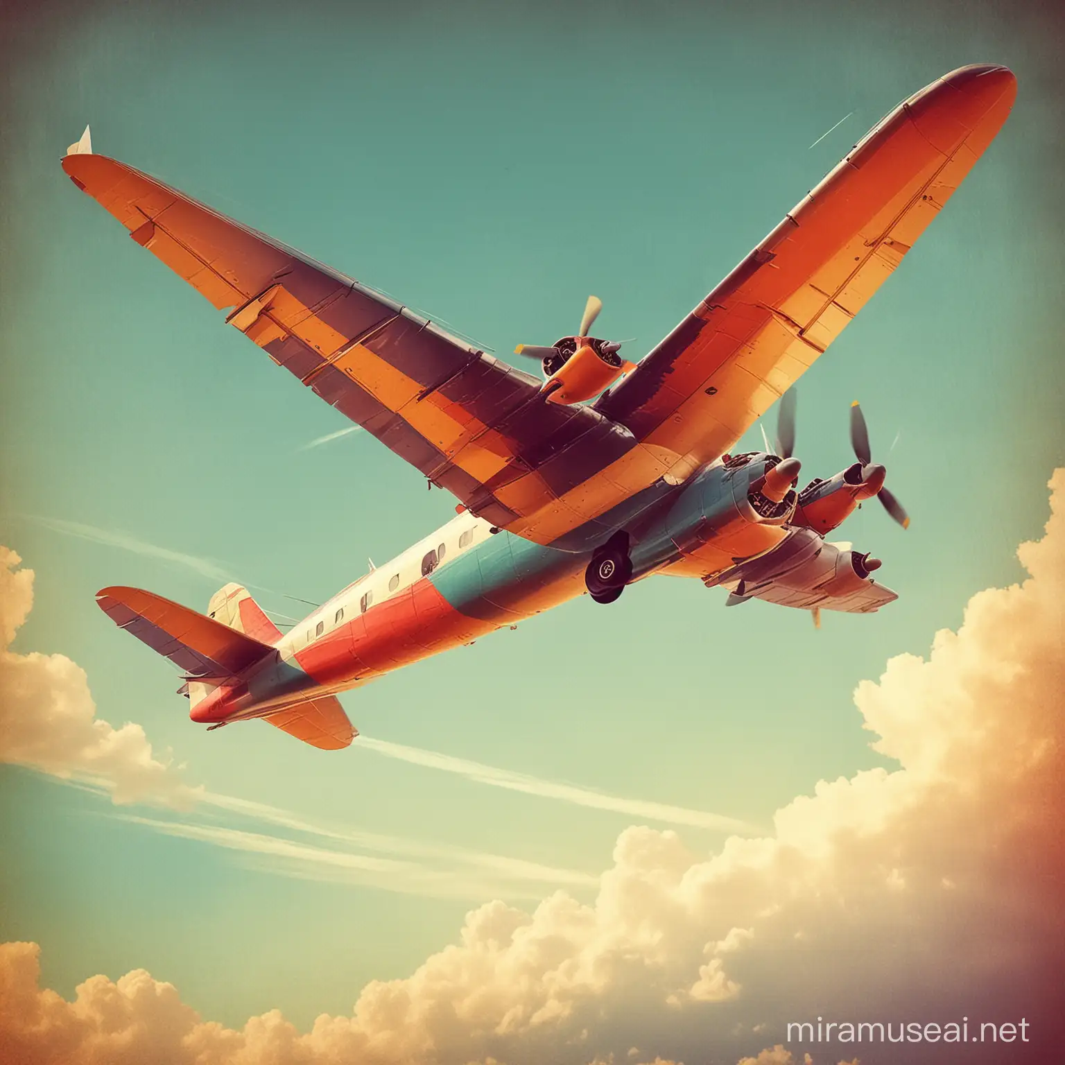 vintage poster style, airplane in flight, colorful