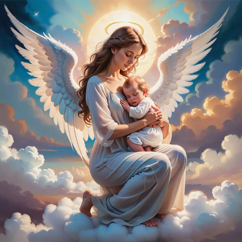 In the style of an oil painting, create an image of an angel mother gently holding her angel baby while kneeling on a cloud.