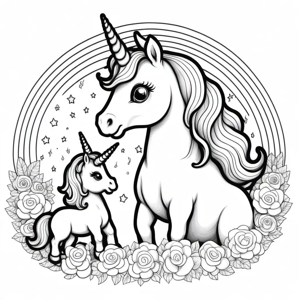 ssimple cute unicorn with baby unicorn  , rainbow around 
coloring page
line art
black and white
white background
no shadow or highlights