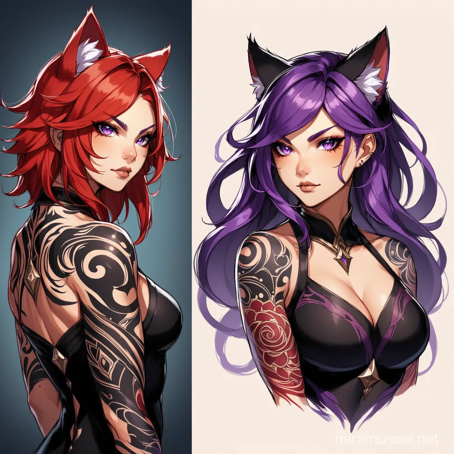 draw a character you'd see in genshin impact with red cat ears, long red and purple hair, mature, black swirl tattoos on skin, fierce