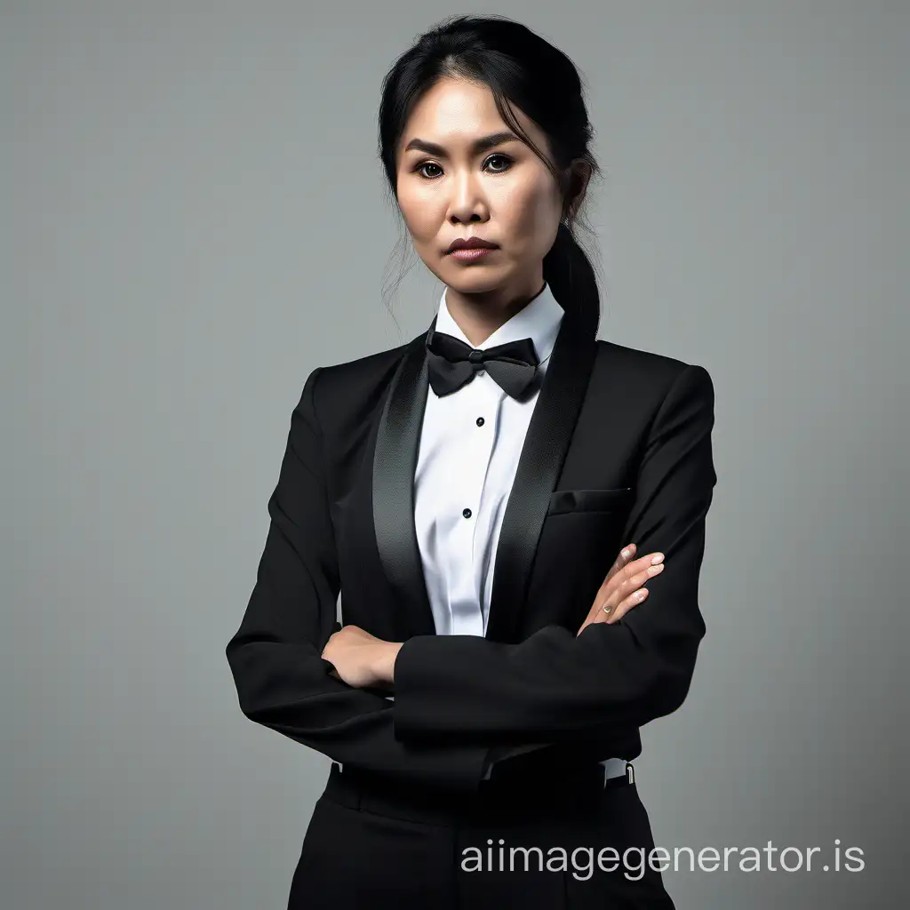 stern Vietnamese woman wearing a tuxedo with a white shirt and a black bow tie, black pants, folding her arms