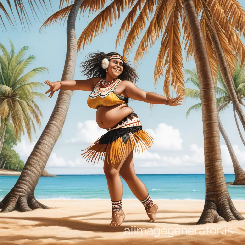 A plump young woman is dancing Australian Aboriginal dance under a coconut tree