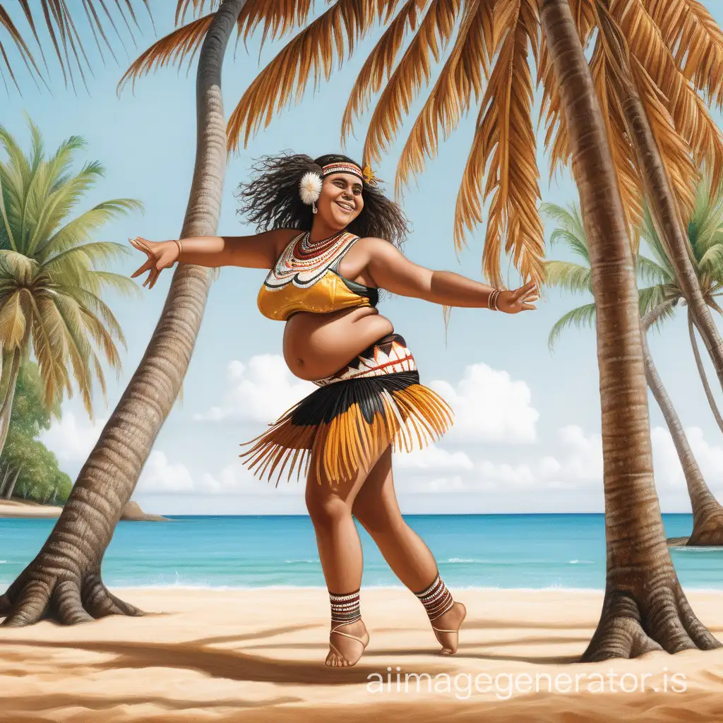 Energetic-Plump-Woman-Dancing-Australian-Aboriginal-Dance-Under-Coconut-Tree