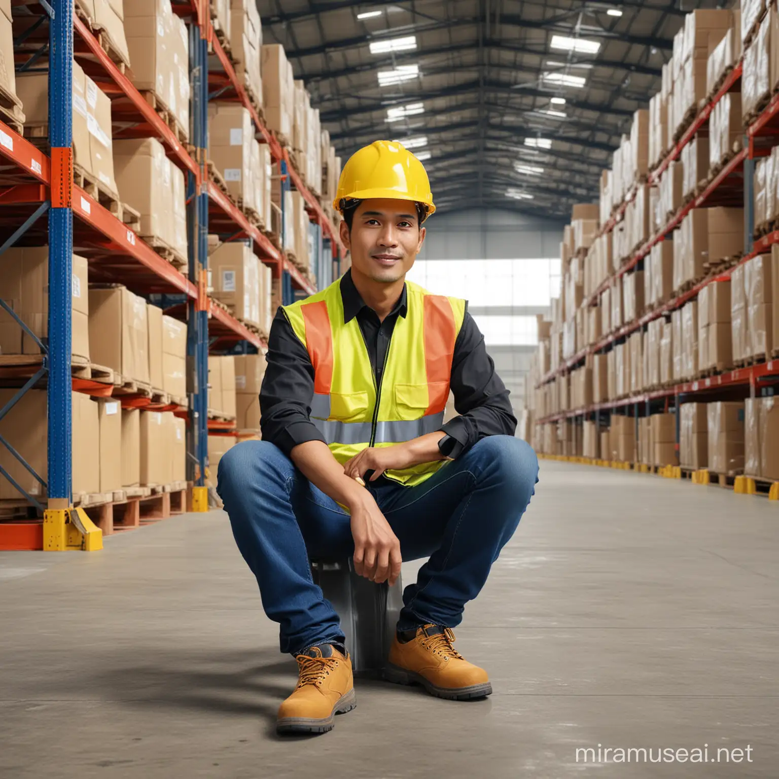 Indonesian Warehouse Worker on Red Hand Lift at Distribution Center
