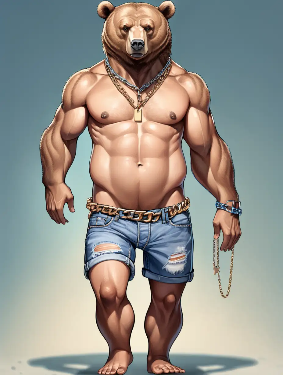a bear as a shirtless adult human wearing jean shorts and a chain necklace, full body