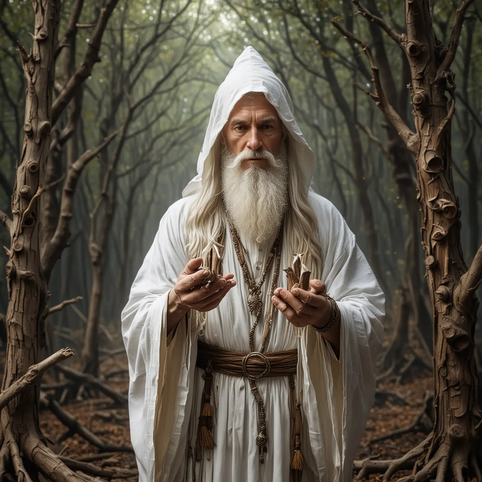 create a fantasy image of a wizard dressed in white holding small peices of agarwood in his upturned palms

