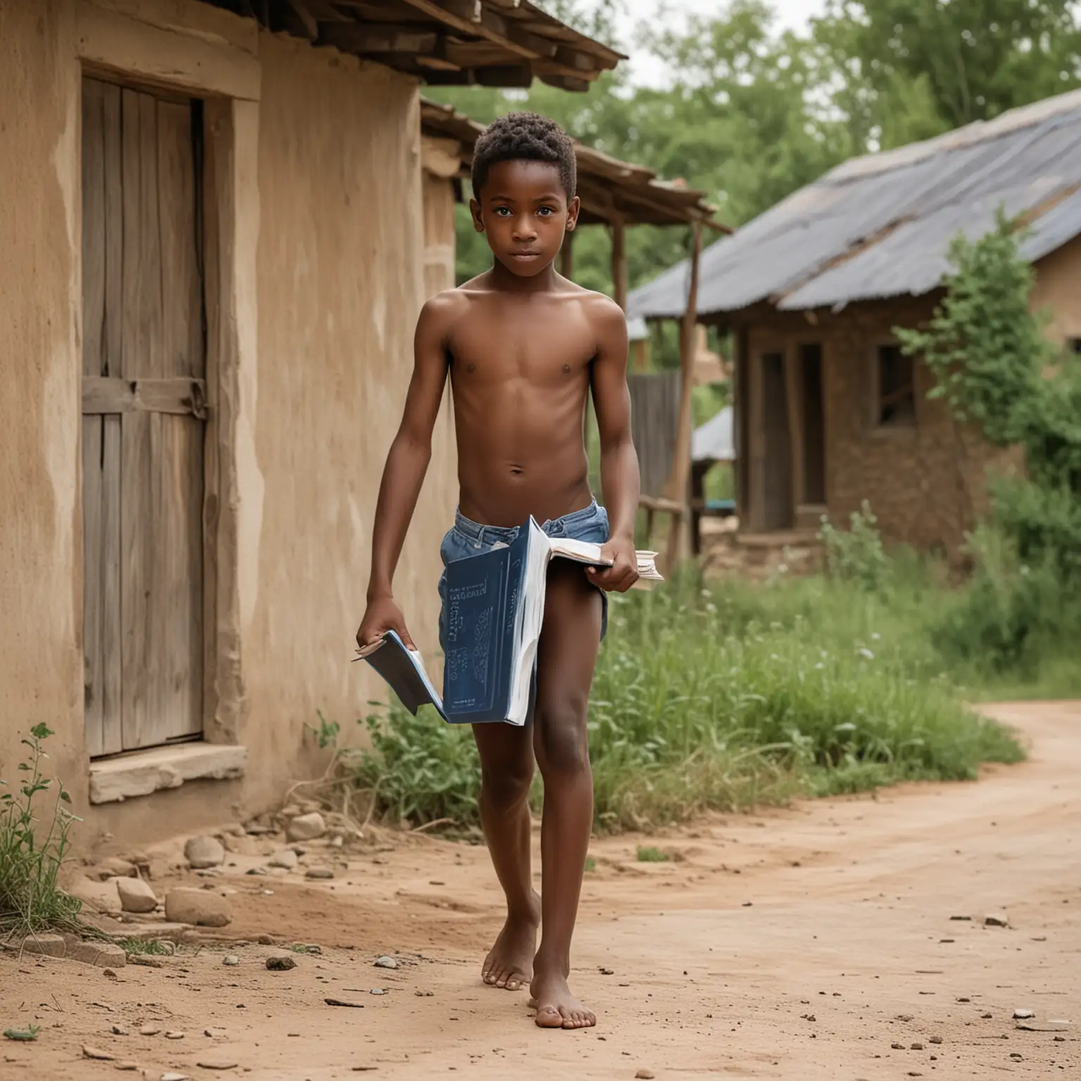 shirtless black boy barefoot with blue short holding book in village