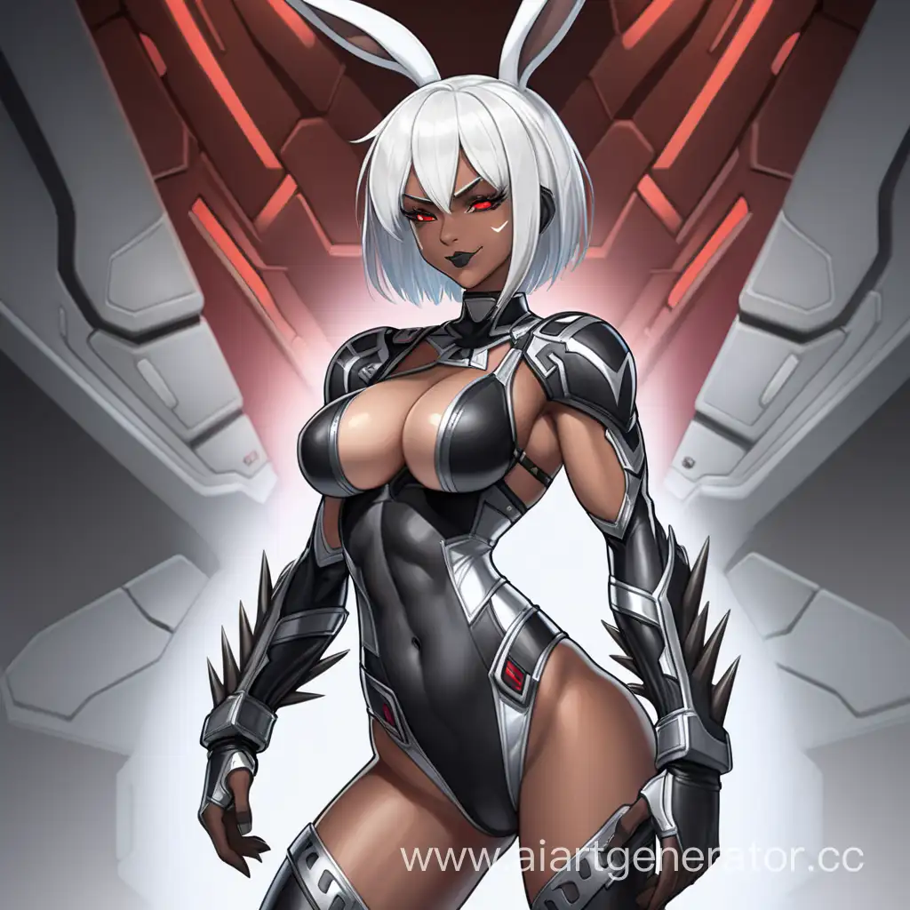 Deep Space, 1 Person, Women, Human, White hair, Long Rabit Ears, Short hair, Spiky Hair style, Dark Brown Skin, Black Full Body Suit, Black Body Armor, Chocer,  Black Liptsick, Serious smile, Big Breasts, Scarlet Red eyes, Sharp Eyes, Flexing Muscles, Hard Abs, Toned Abs, Big Muscular Arms, Big Muscular Legs, Well-toned body, Muscular body, 