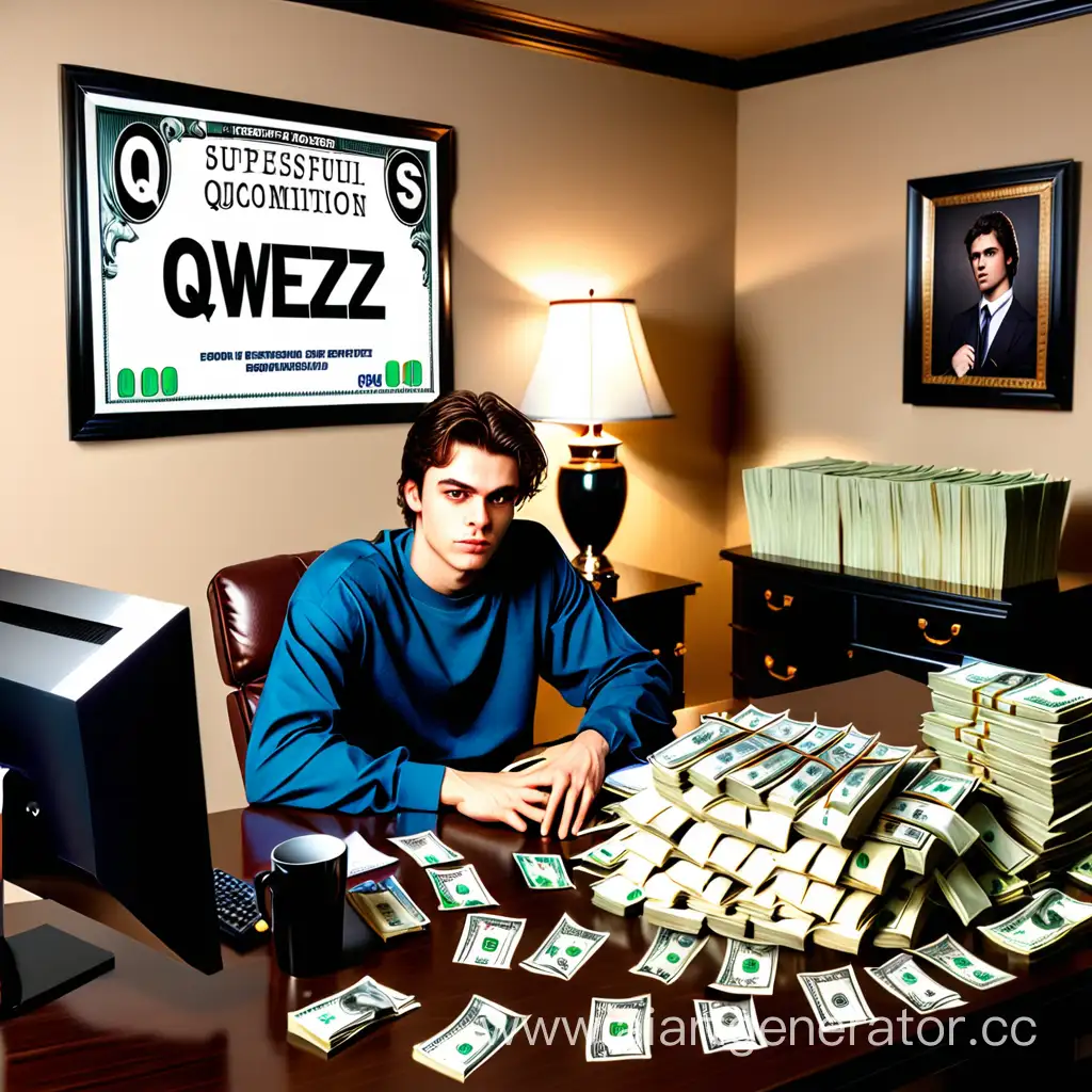 In his expensive room, the room is expensively furnished with expensive furniture, sitting at the computer, a handsome, young guy, a successful swindler, behind him there is a lot of dollars on the table, behind him there is a sign hanging on the wall, it says qwez