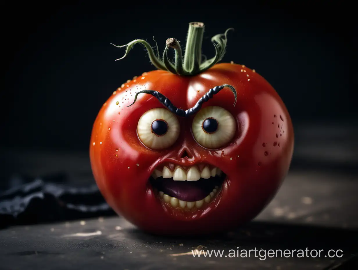 A funny tomato with an evil face says adies amigos, a creepy atmosphere