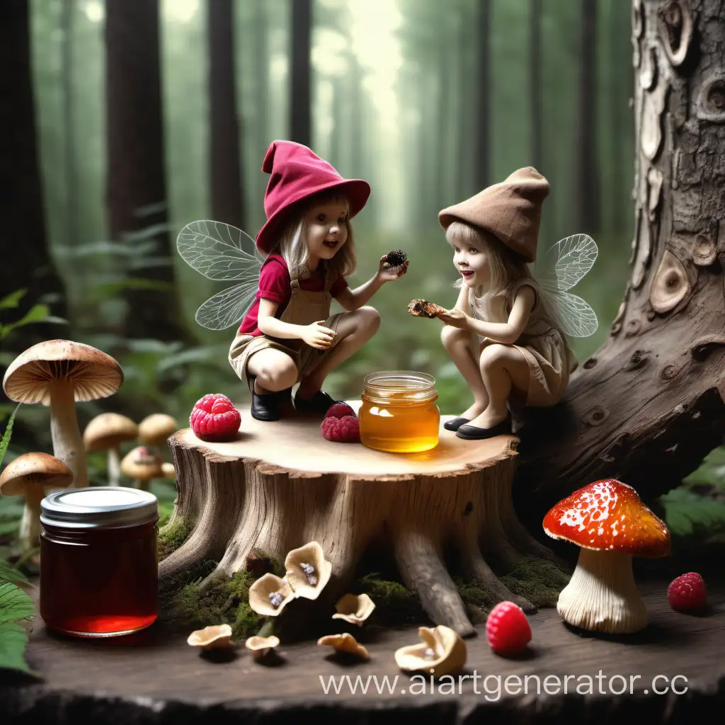 Милая девушка, на её столе ожившая коряга маленький лесной человечек, рядом баночка мёда, сушёные грибы, малиновое варенье, удивление, радость, начало дружбы
