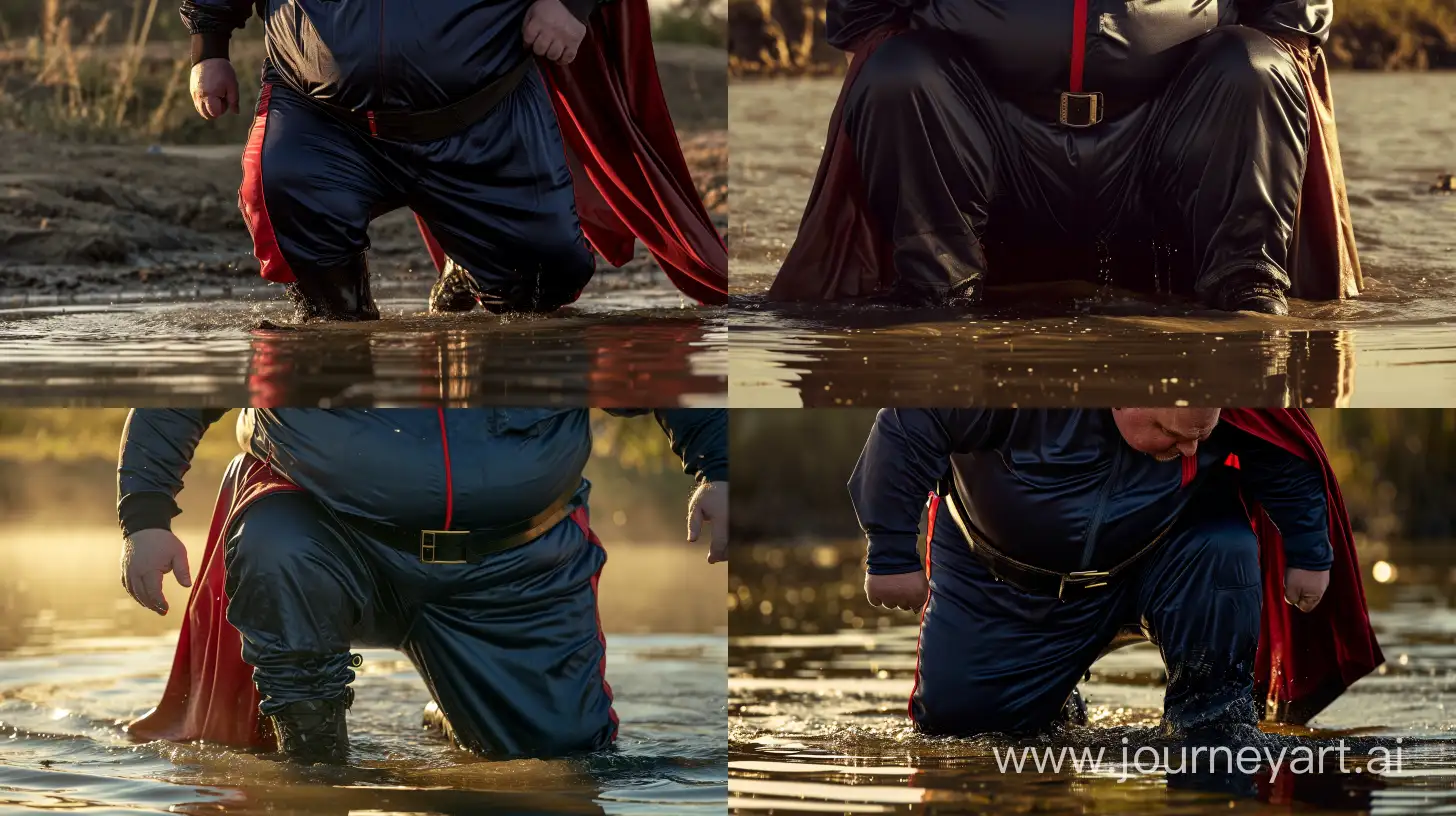 Elderly-Adventurer-in-Silky-Navy-Tracksuit-with-Red-Cape-Crawling-in-Water