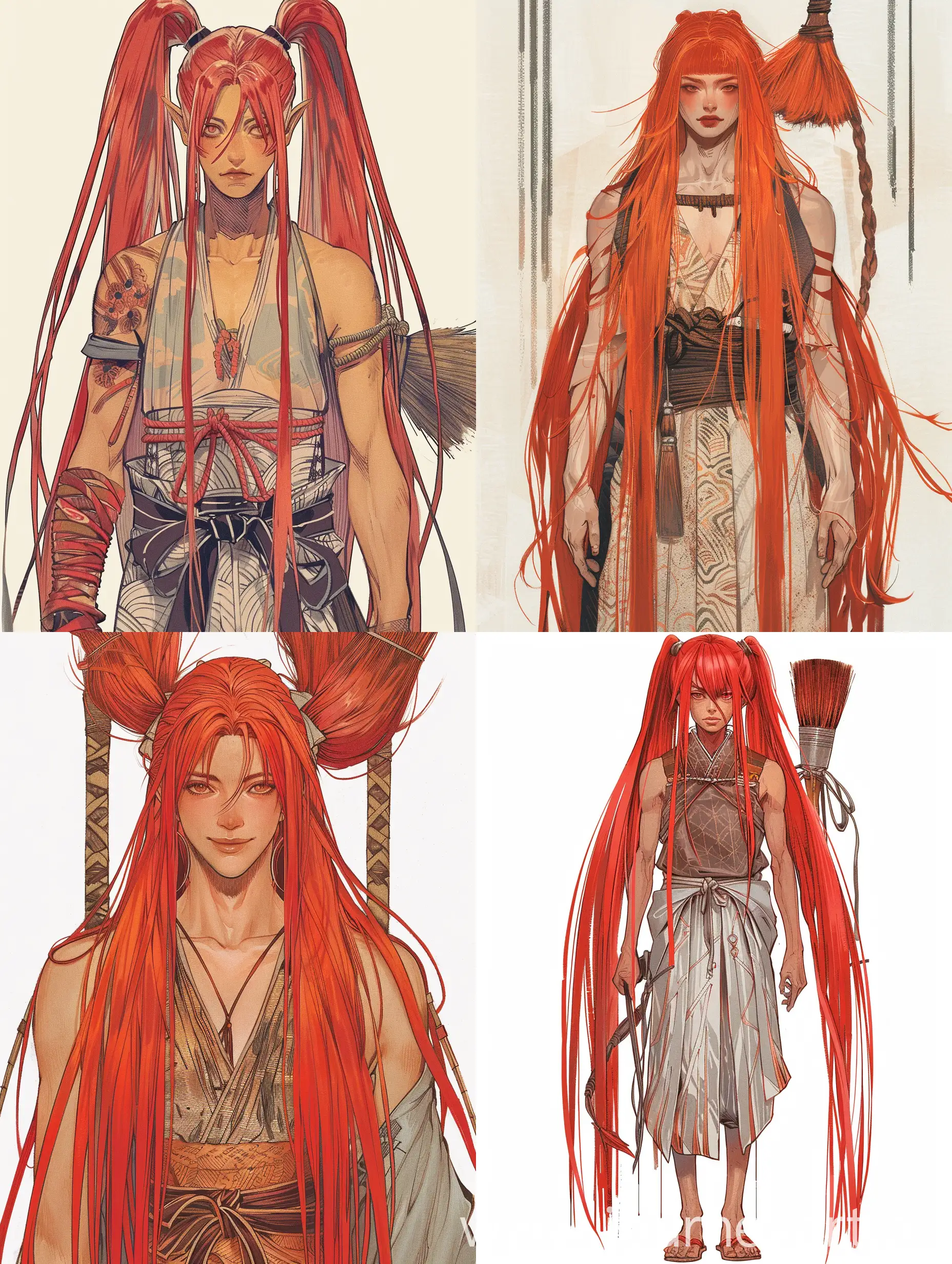 Samurai-with-Long-Bright-Red-Hair-and-Traditional-Outfit-Holding-Huge-Brush