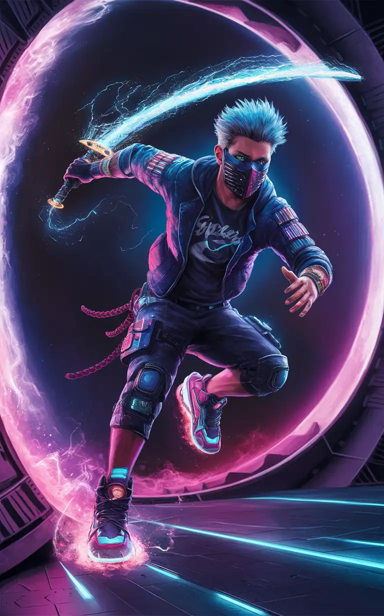 cyberpunk teenage-20s male, spiky dyed hair, face covered by samurai mask, galaxy-themed cyberpunk techwear streetwear armor, low-top hi-tech space travel sneakers, otherworldly astral energy sword, sprinting forward through interdimensional portal, synthwave vaporwave colors, videogame anime character painting splash