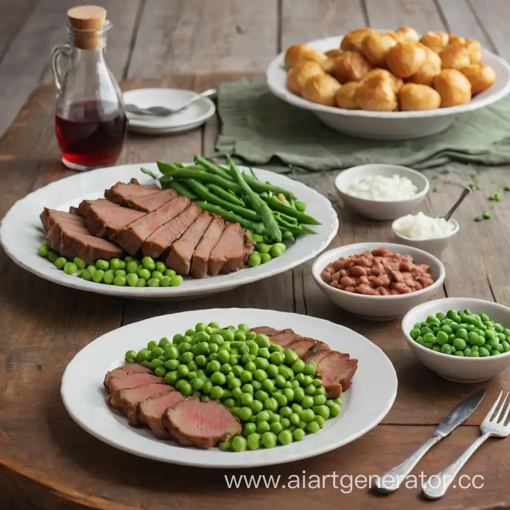 Succulent-Meat-Platter-with-Fresh-Peas-Tabletop-Culinary-Delight