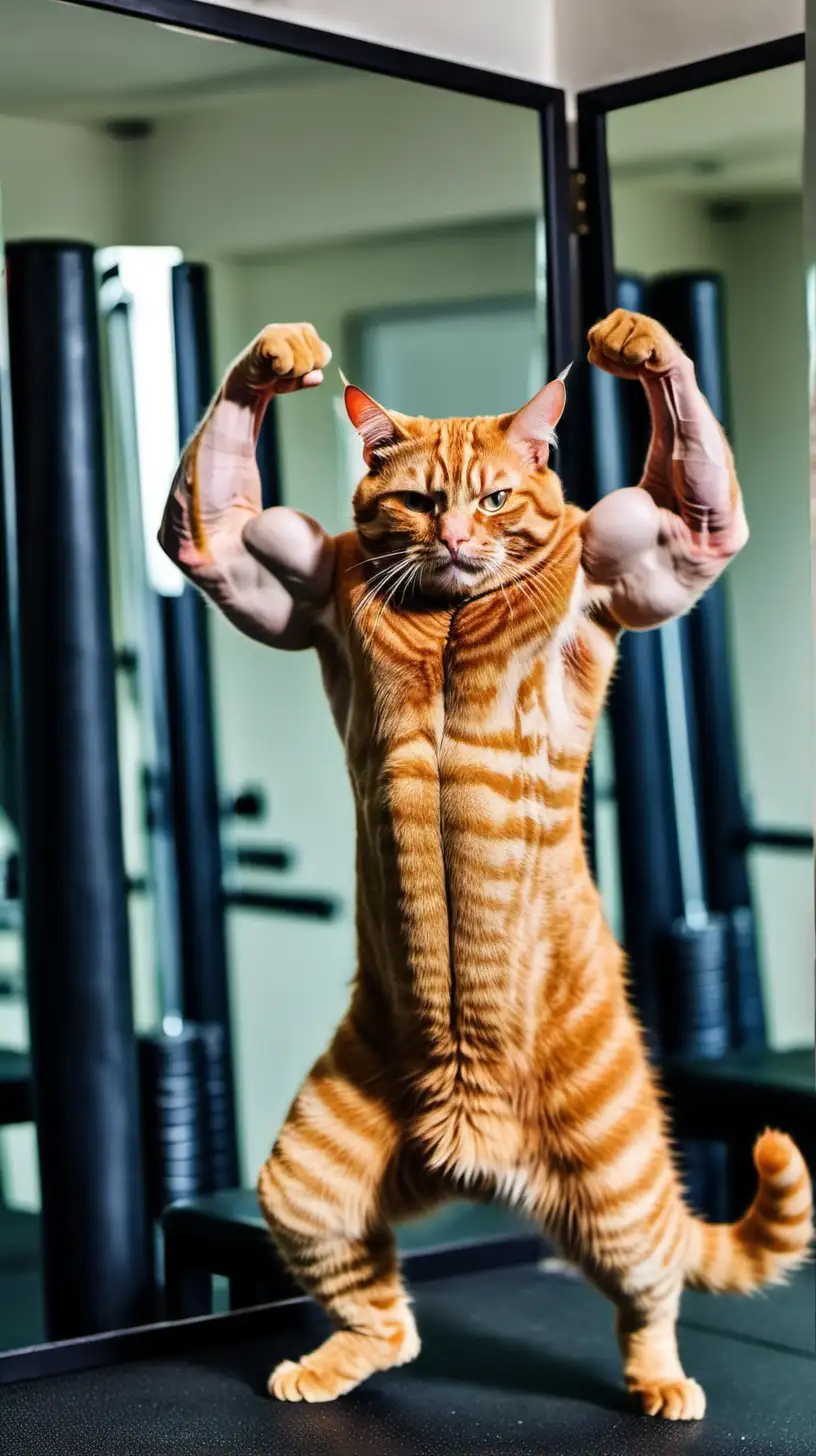 Buff Ginger Cat Flexing Muscles in Gym Mirror
