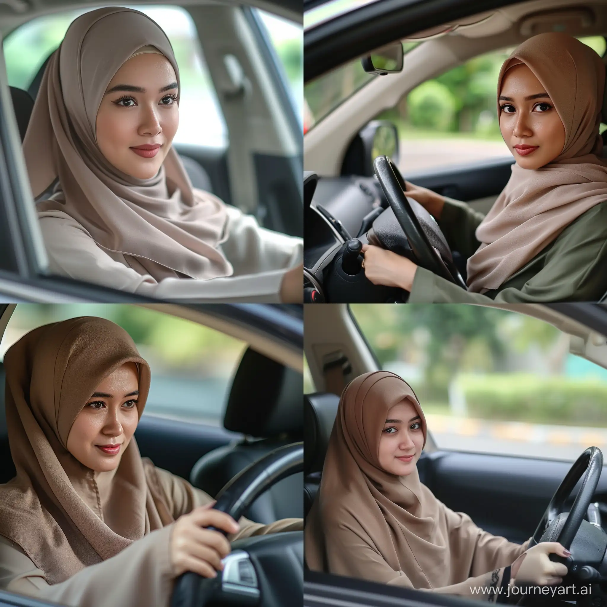 beautiful Indonesian hijab woman, driving a car