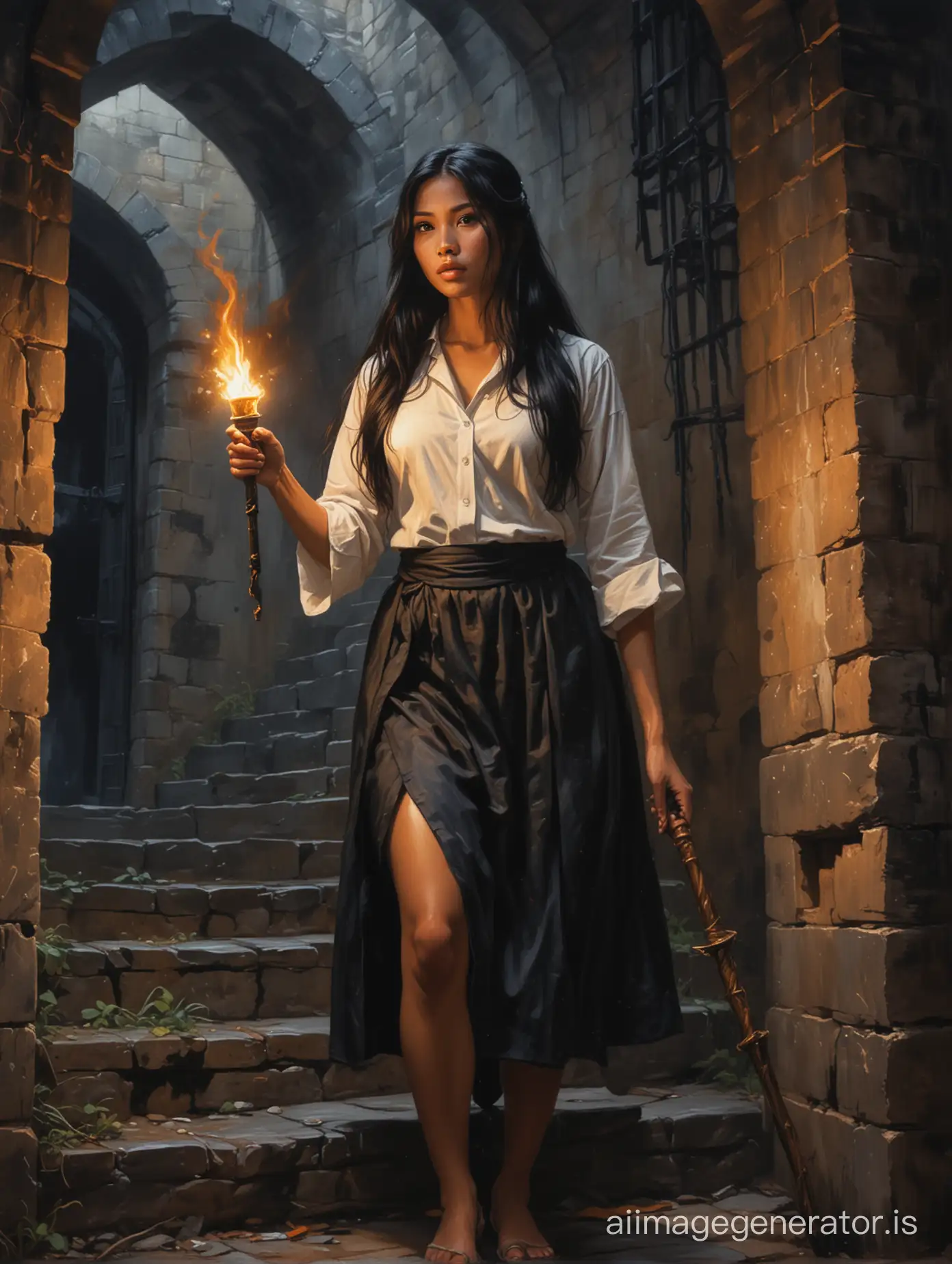 Intrigued-Vietnamese-Maid-Descending-with-Torch-into-Dark-Castle-Dungeon