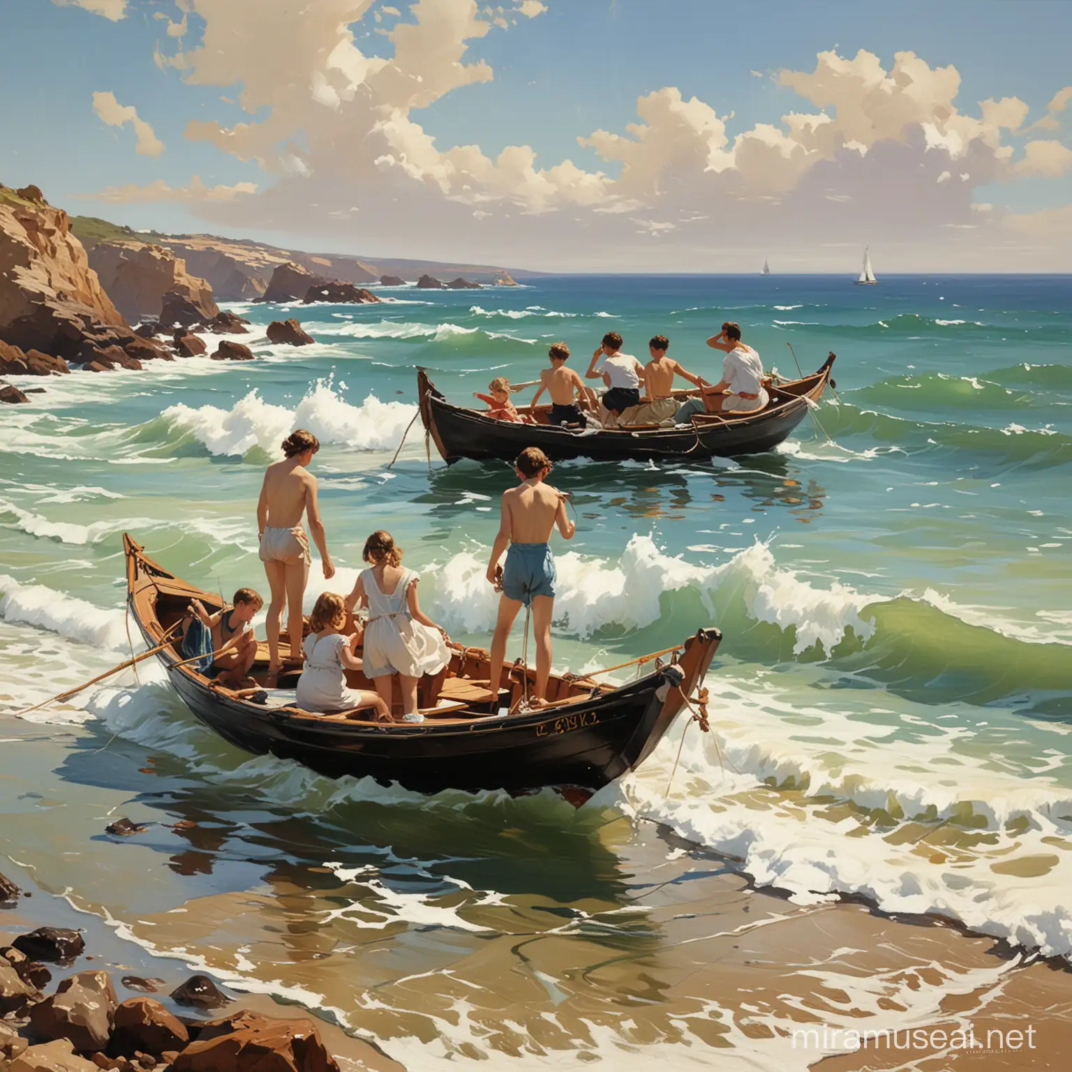 картина в стиле Хоакин Соролья, эпическая картина,  море лодки ,девушки, мальчики.