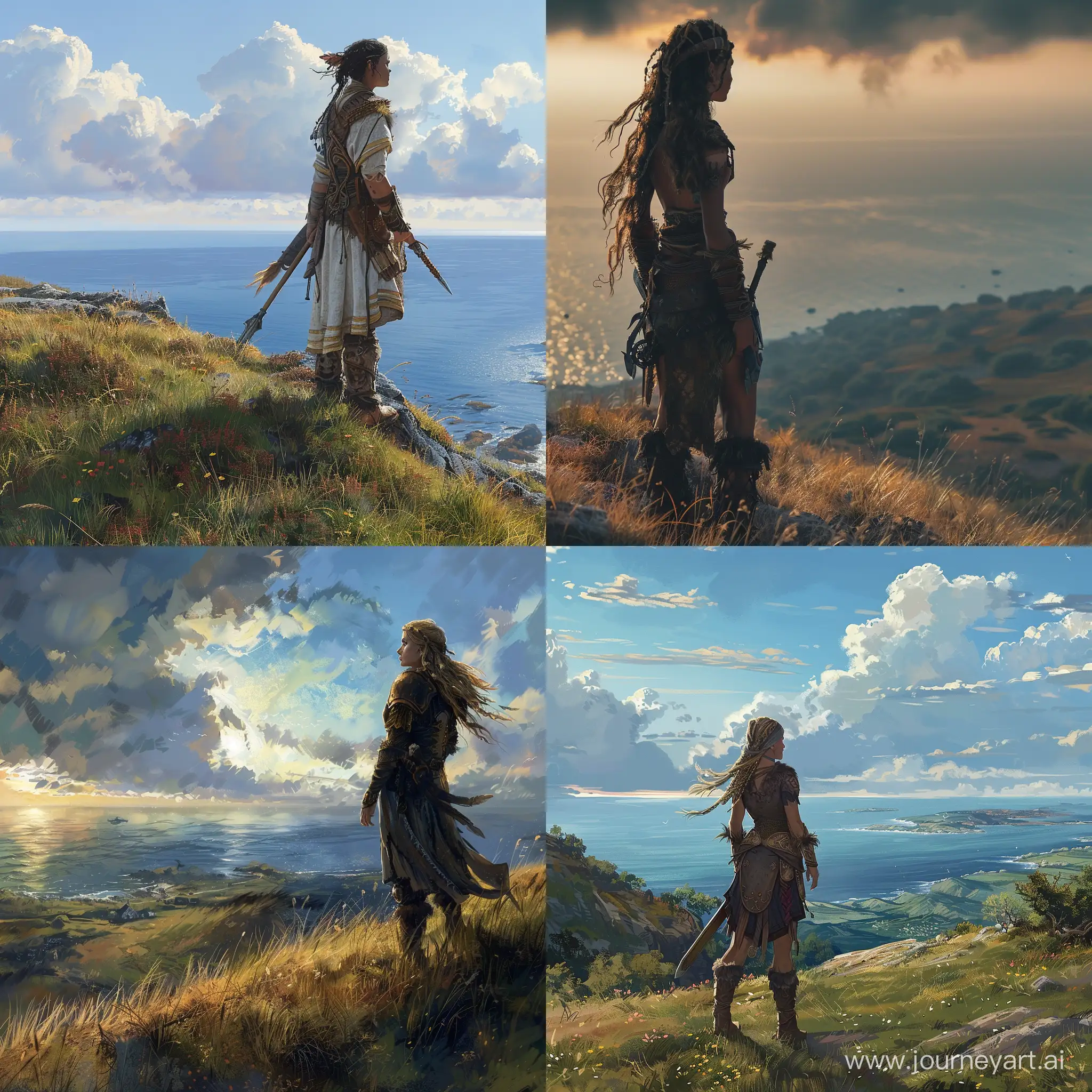 Девушка-воин на холме смотрит вдаль на море 