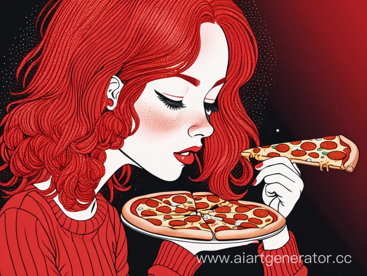 женщина с красными волосами ест пиццу в красной одежде на черном фоне с круглыми полосами по краям все это минималистично в пультипликационном стиле