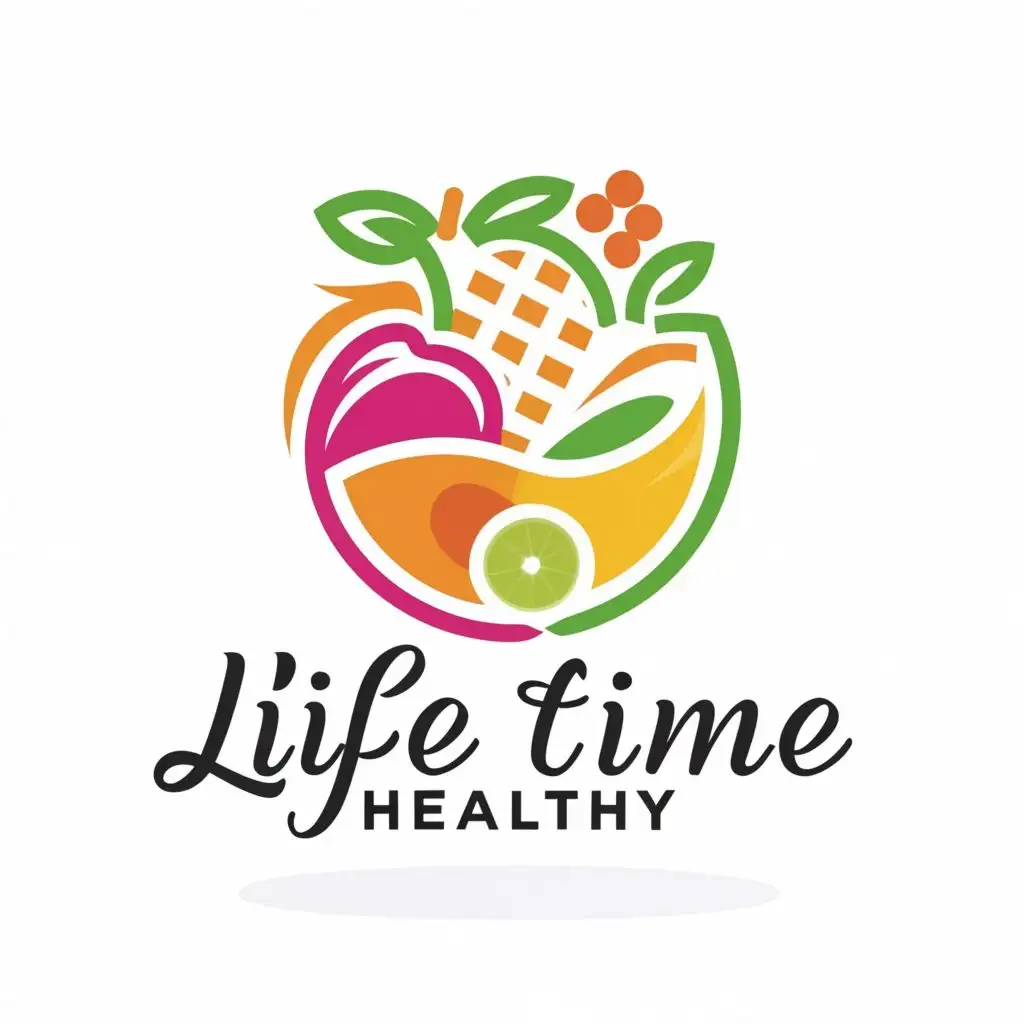 a logo design,with the text "Life Time Healthy", main symbol:food and fruits,complex,be used in Restaurant industry,clear background