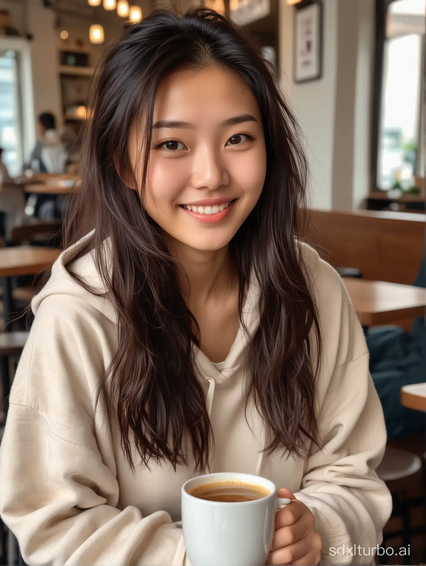 A 24-year-old Chinese girl, with long hair, small wavy hair, light-colored hoodie, sitting in a coffee shop, sitting behind a coffee table, holding a cup of coffee in her hands, smiling.