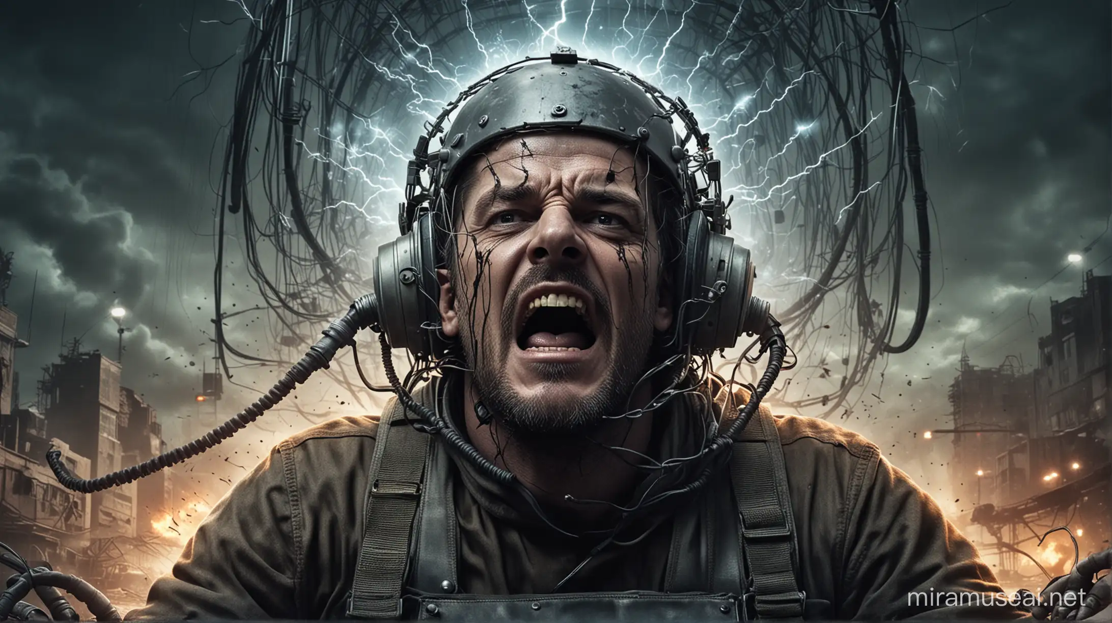 futuristic movie poster of a screaming man strapped down in an electric chair with post-apocalyptic background with nodes and wires coming from a helmet 