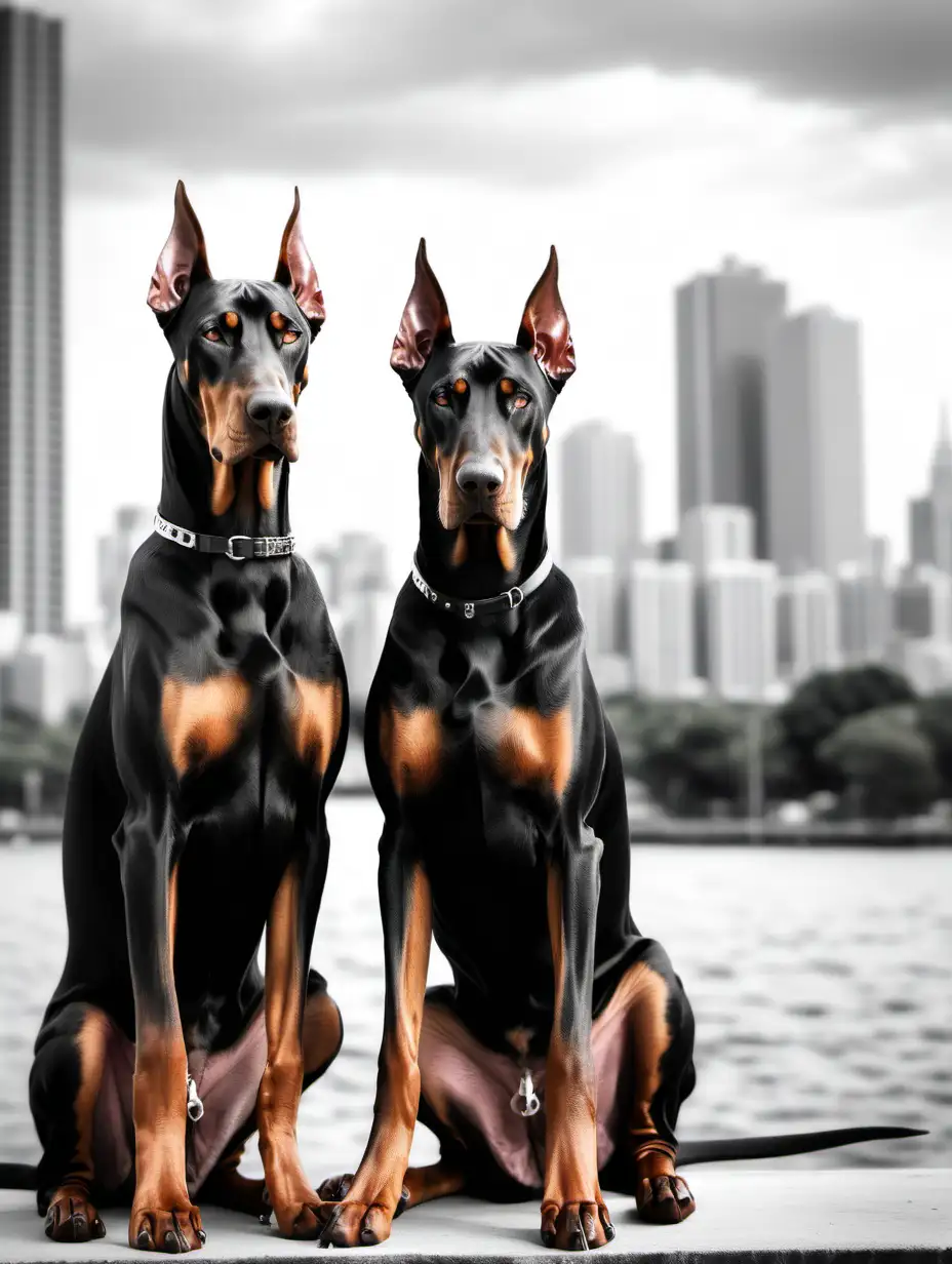 two seriuse looking doberman sitting next to each other  city backround black and white themed backround is blurry