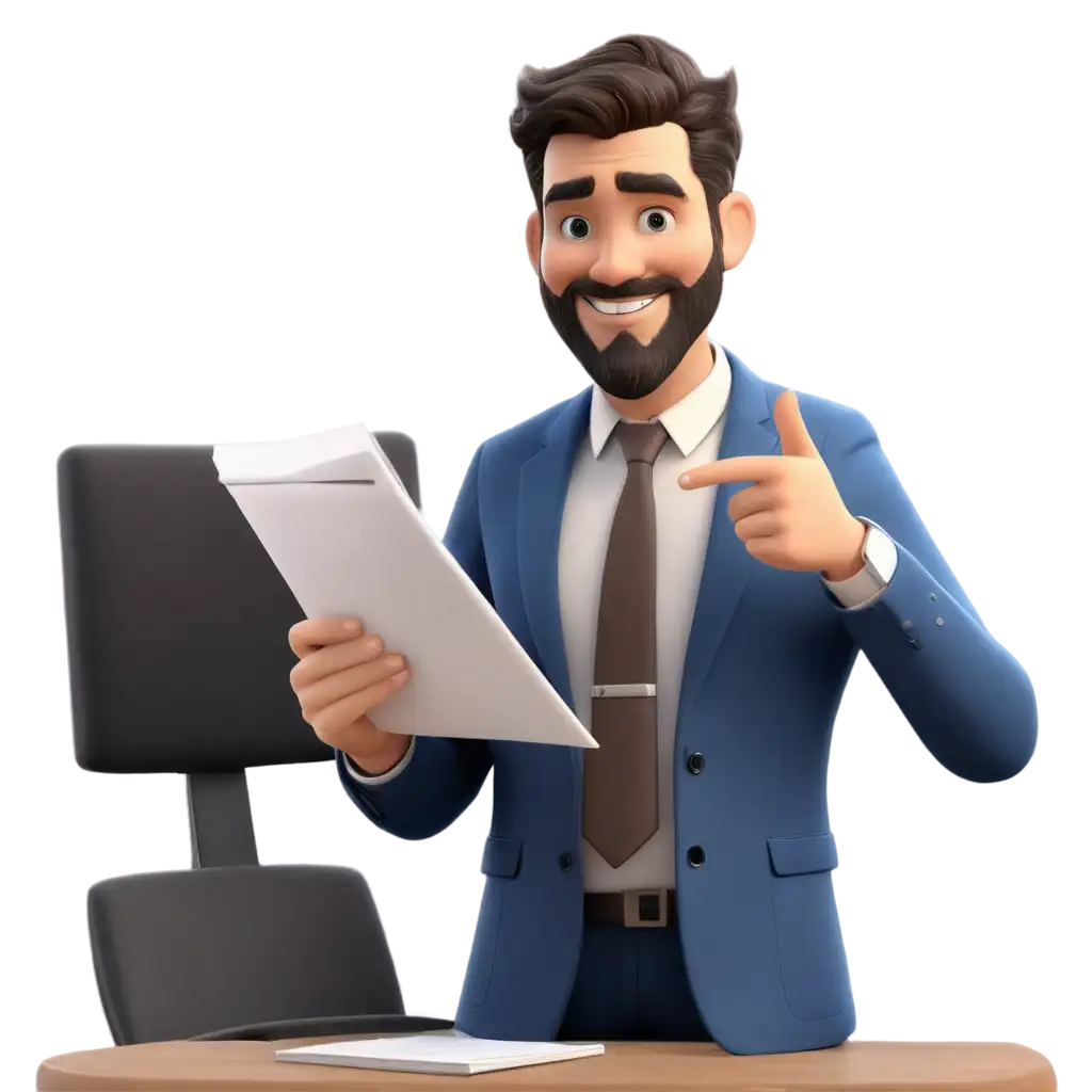 cute 3d cartoon company manager having mustache and beard taking notes and preparing receipt with smile