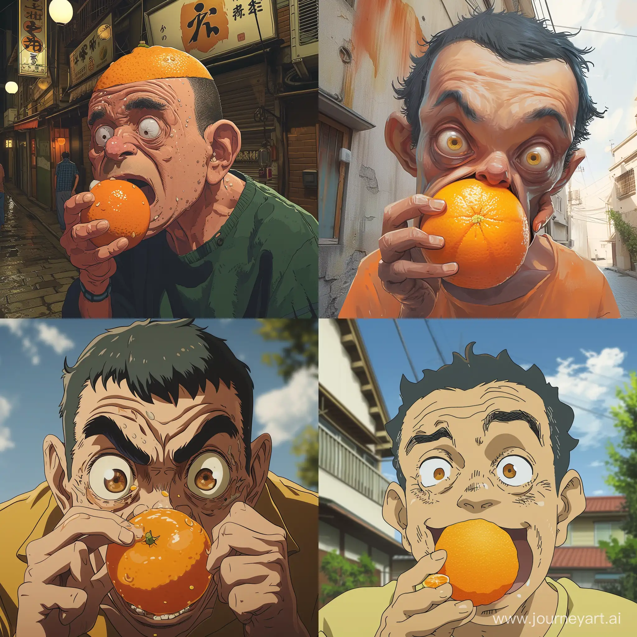bulgarian man with a comically large forehead eating an orange, anime