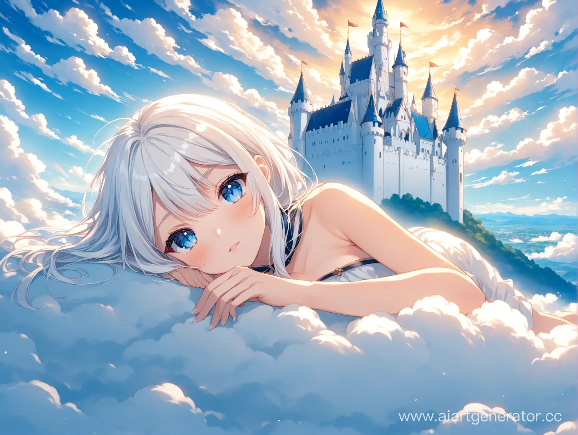 аниме девочка лежит, девочка с белыми волосами и синими глазами, девочка на фоне облаков, девочка в белом замке