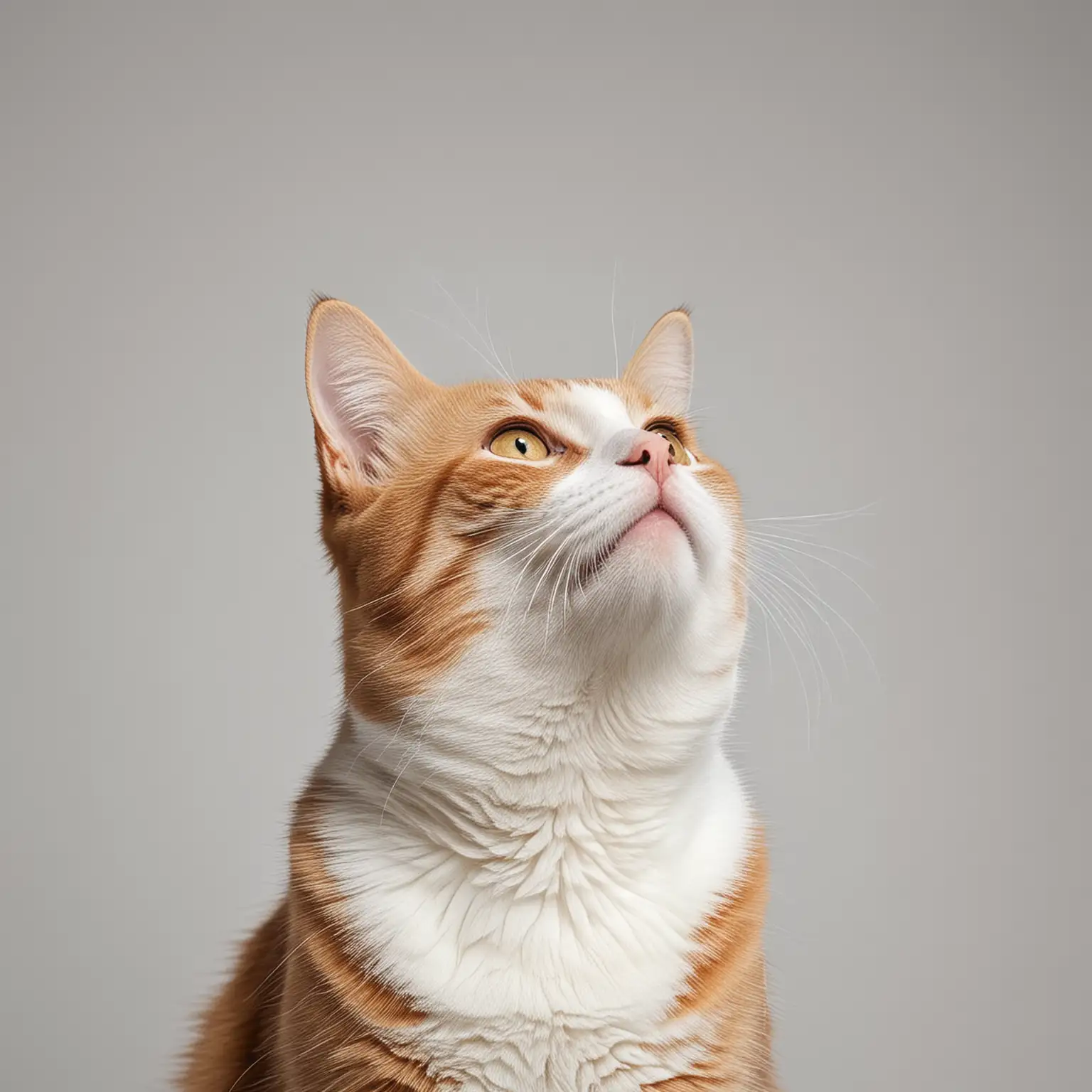 Gato mirando hacia arriba con un fondo blanco