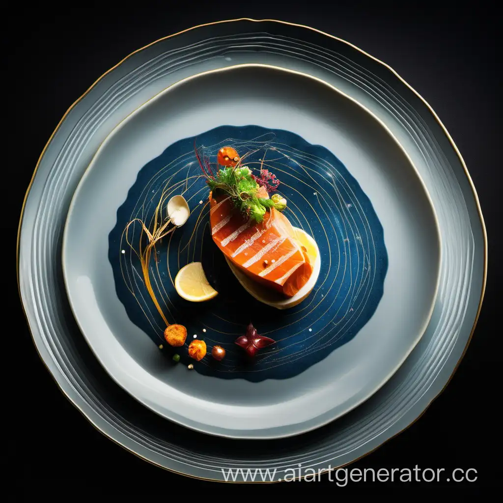 Еда мишлен в тарелке на чёрном фоне, символизирующая знак зодиака водолей
