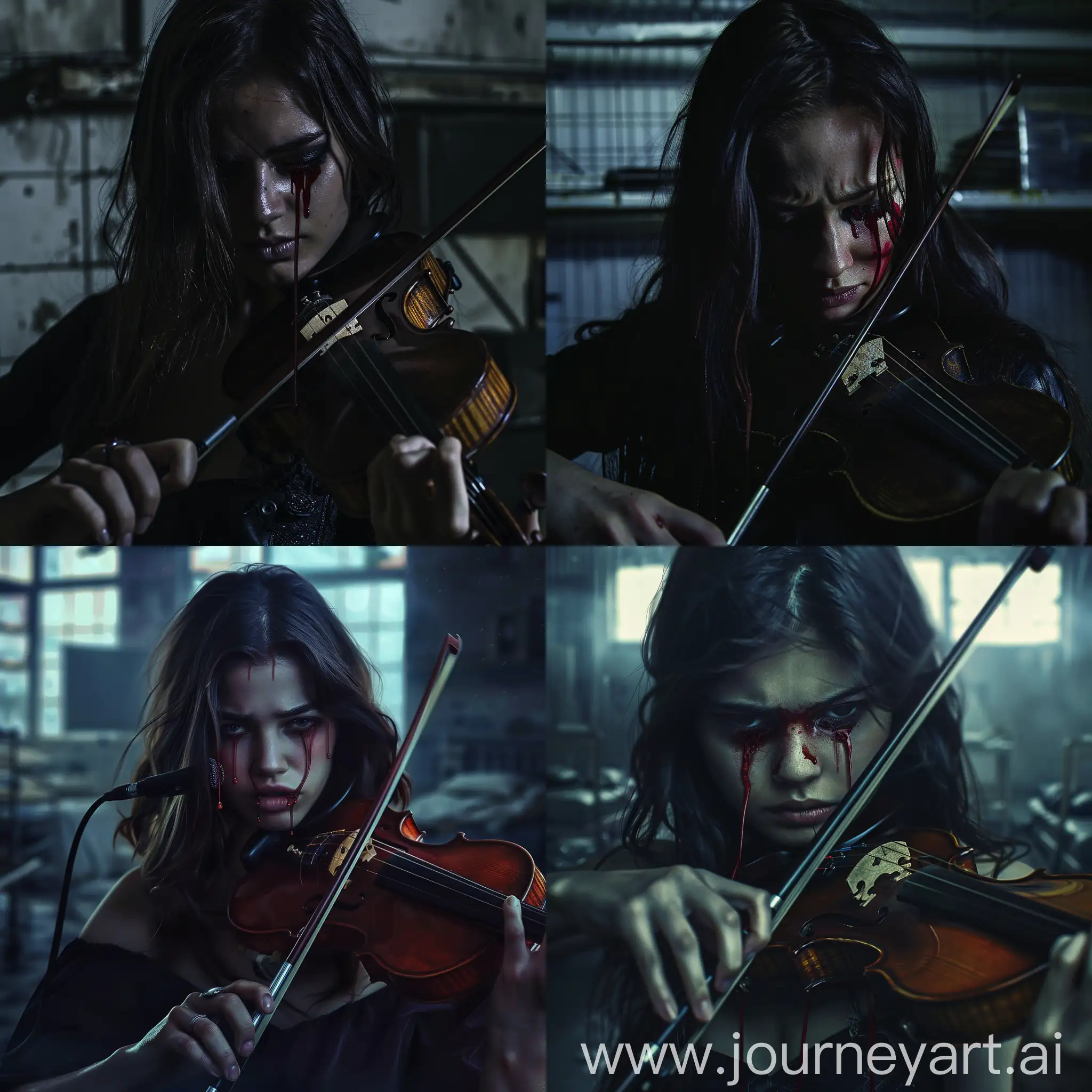 Brunette hair woman with crimson liquid flowing from her eyes, playing violin, she seems sad, at dark morgue, darkness, dark colors, shadows contrast