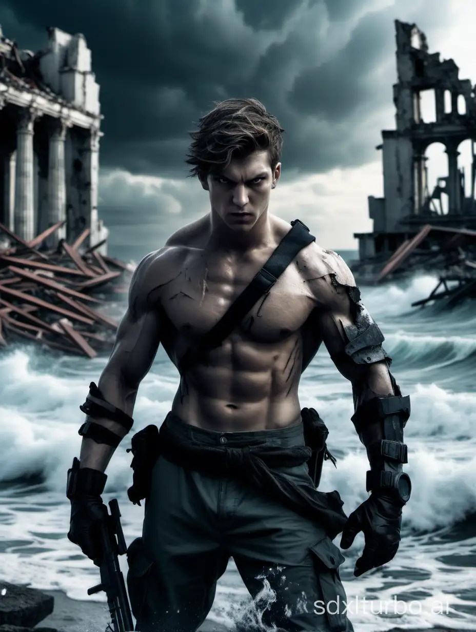 A young man, looking at the camera, apocalypse, ruins, sea, waves, rebirth, upper body close-up, someone fighting behind him, cold weapons