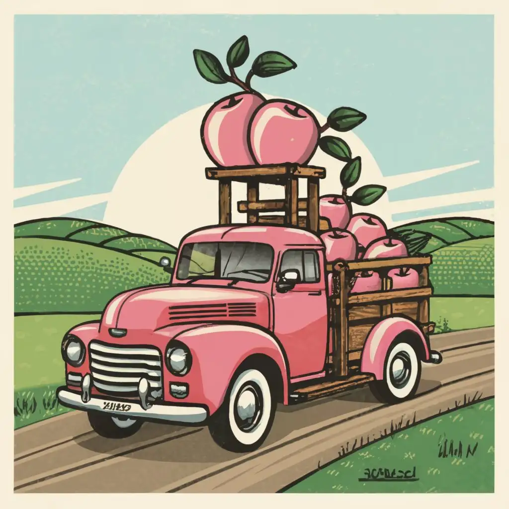 a logo design,with the text "Linda Lynns Apple Crisp", main symbol:SHINY PINK APPLEs on a farmers truck