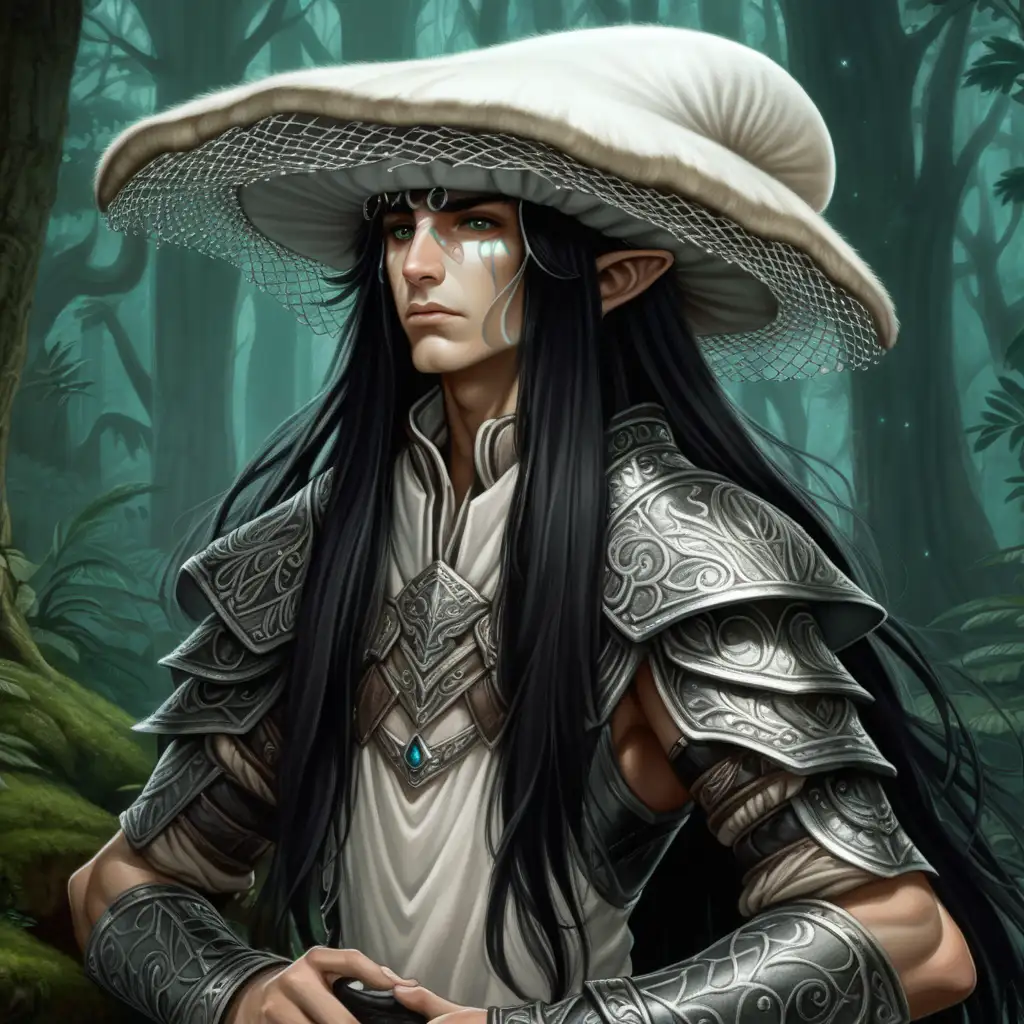 A young androgynous male elf spores druid. He has long black hair and wears a wide mushroom-like white hat that sits low on his head and it's edges fall low. He also wears a white veil that is attached to the edges of the hat and falls before his face and looks like a mushroom's net with big holes. The man wears intricate clothing in many layers and some leather armor pieces. The background is a lush forest at night. Highly detailed Illustration