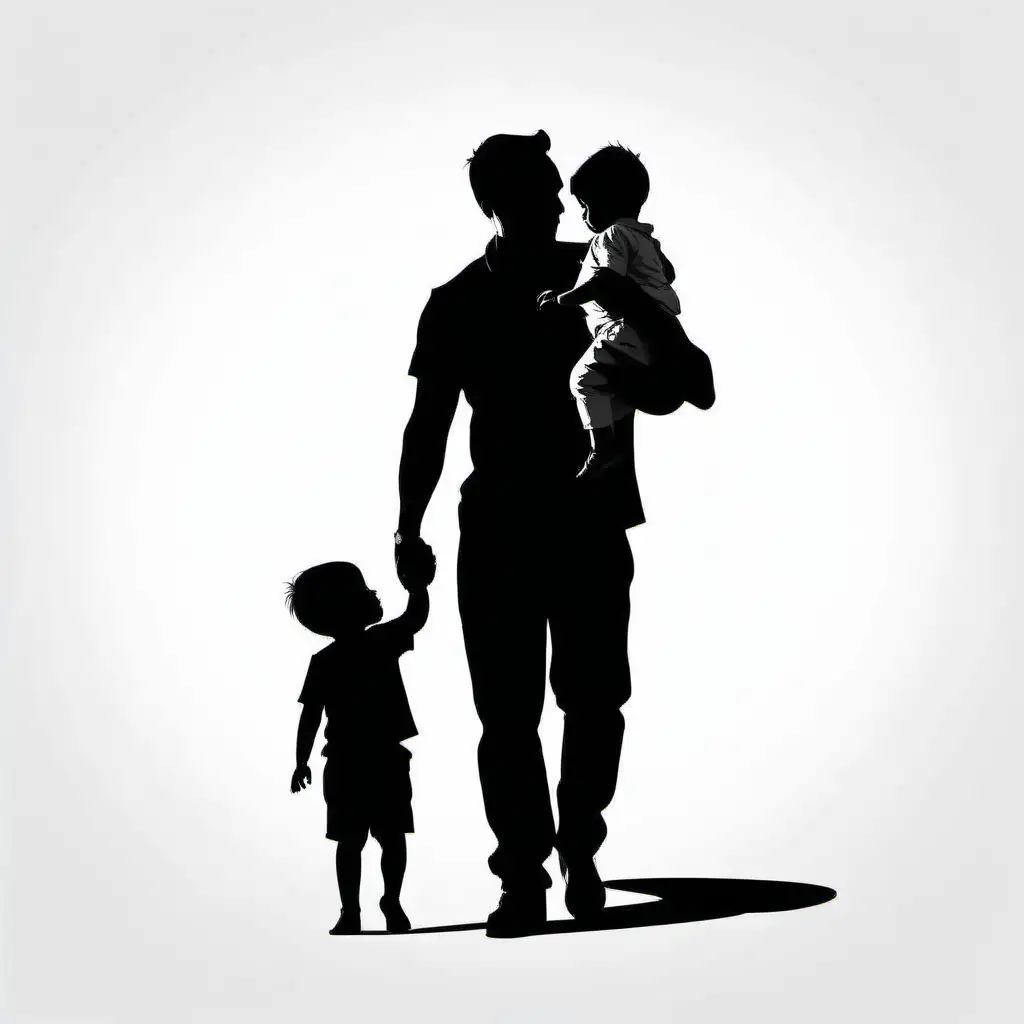 black and white silhouette style father holding child, all white background, vector style