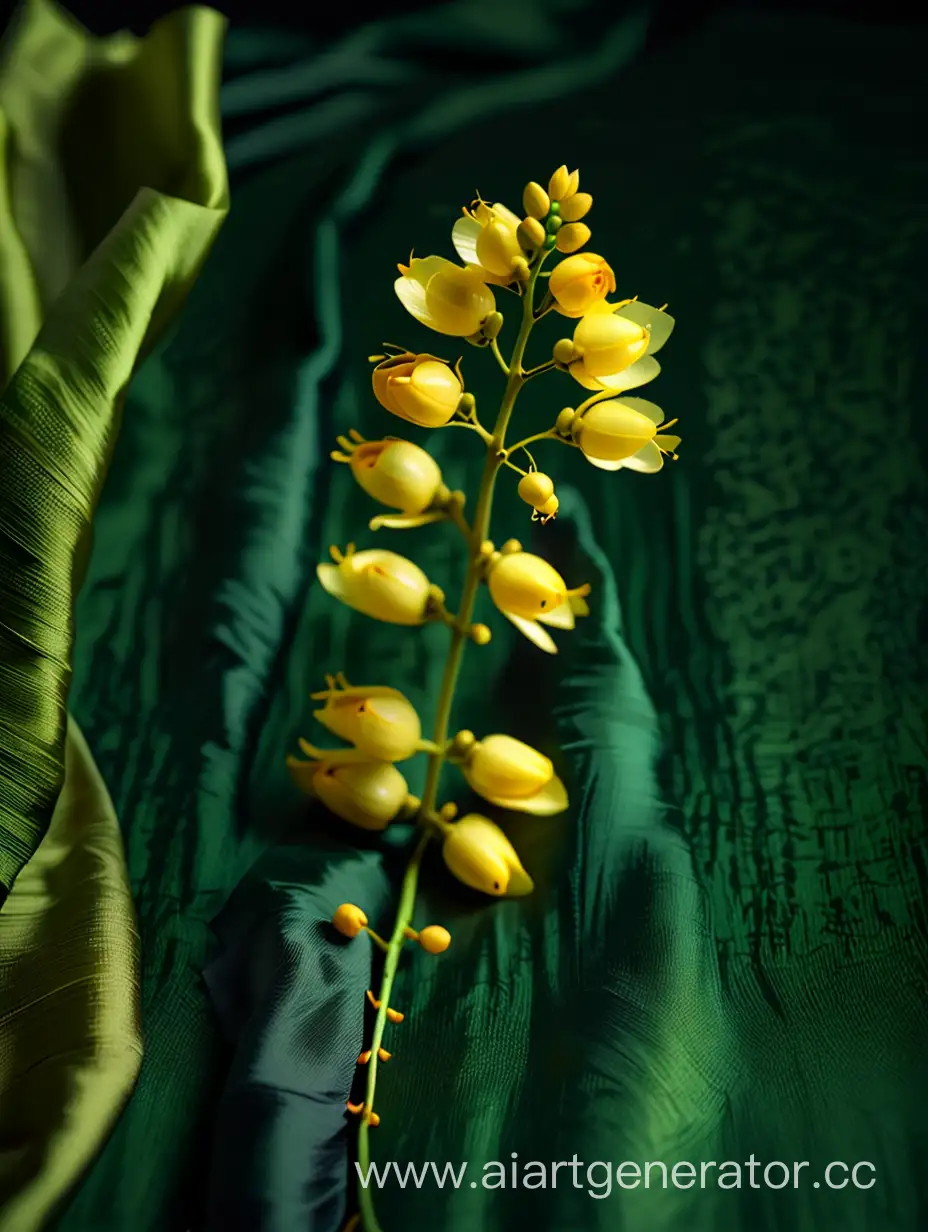 Acacia yellow flower close up 8k on dark green laying on green silk background