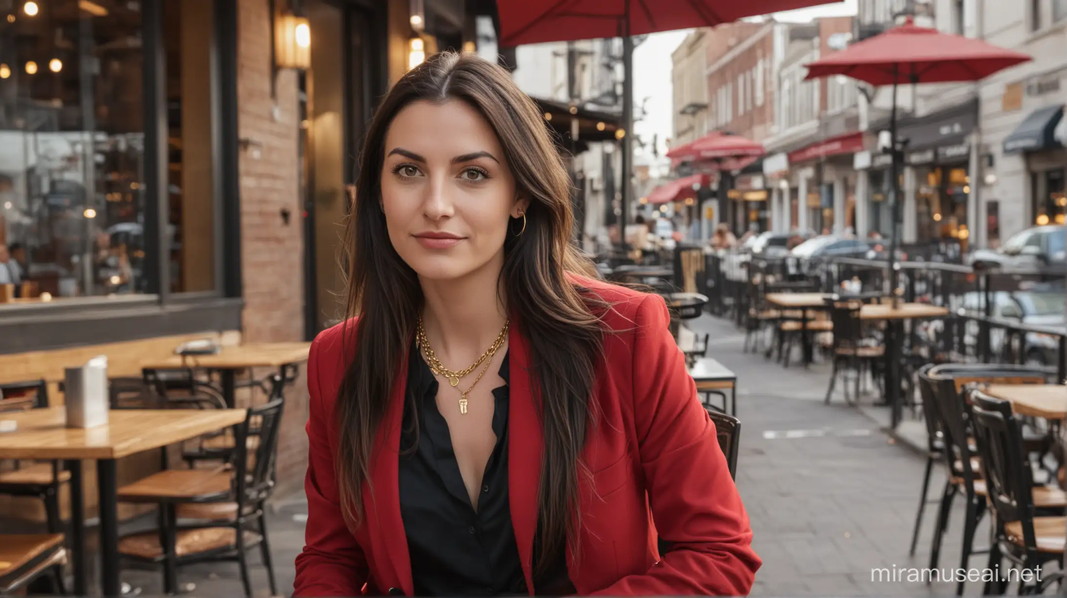 30 year old white woman with long dark brown hair wearing a gold necklace, red blazer, low cut black shirt and black dress pants. She is sitting down, staring at camera, urban outdoor café background. In the background in the distance there is a waiter with black hair and mustache.