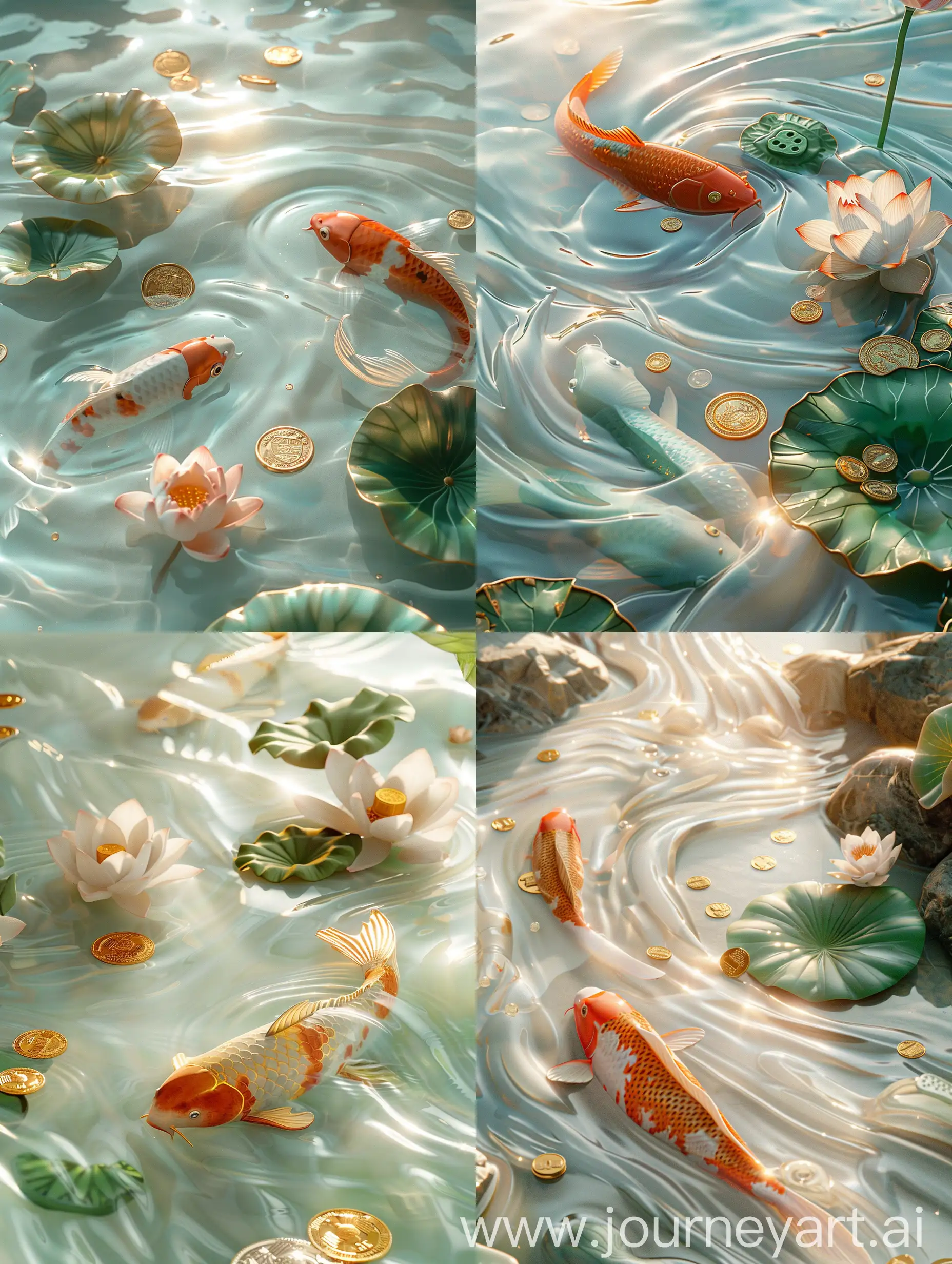Surreal-Film-Scene-Koi-Fish-Lotus-Flowers-and-Gold-Coins-in-Flowing-Water