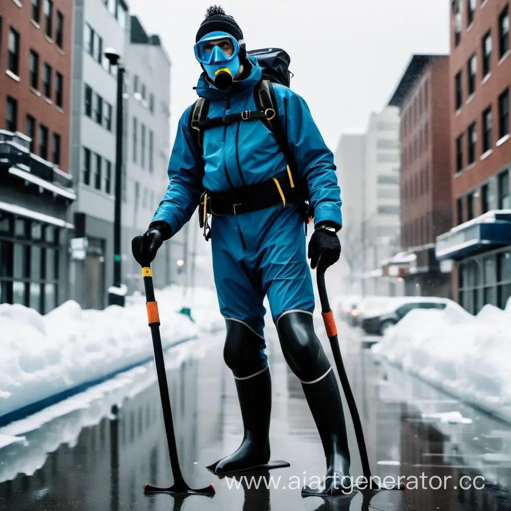 A man stands on a city street in winter. There is an ice axe in his hand. There are diving fins on his feet. He wears a mask and a snorkel on his face.