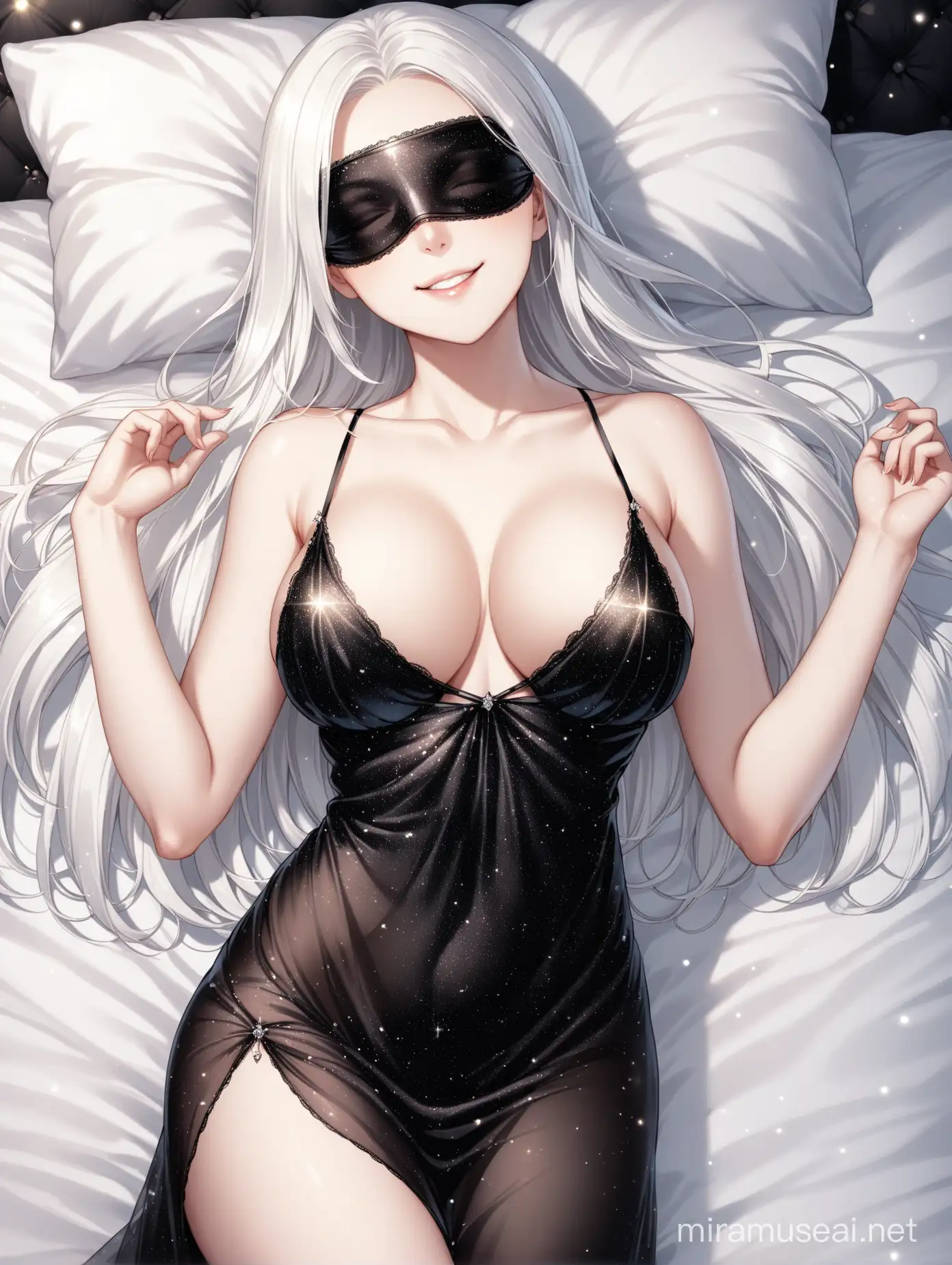 A beautiful woman, with pale skin, white long  hair, and big breasts, wearing a see-trough black sparkling slip dress that exposes her chest, and a black blindfold, lying in bed, smiling at the viewer 