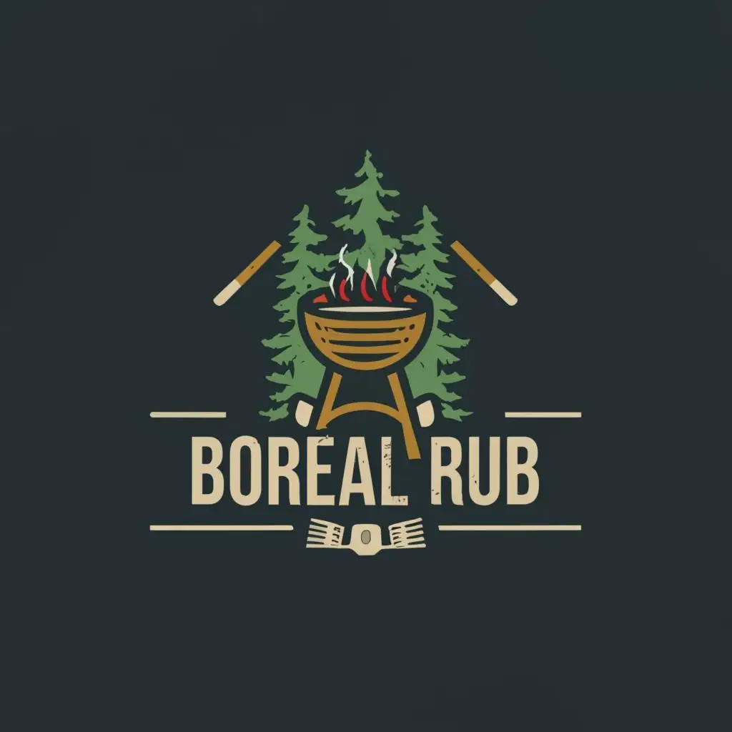 logo, Pine trees background, bbq grill in front, with the text "Boreal rub", typography, be used in Restaurant industry