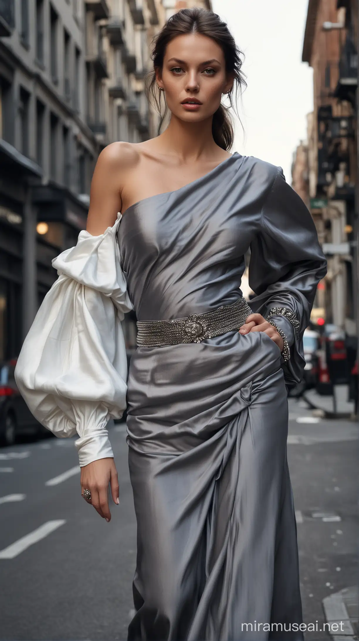 Elegant Supermodel Strutting in Urban Fashion Satin Blouse and Silk Skirt Ensemble