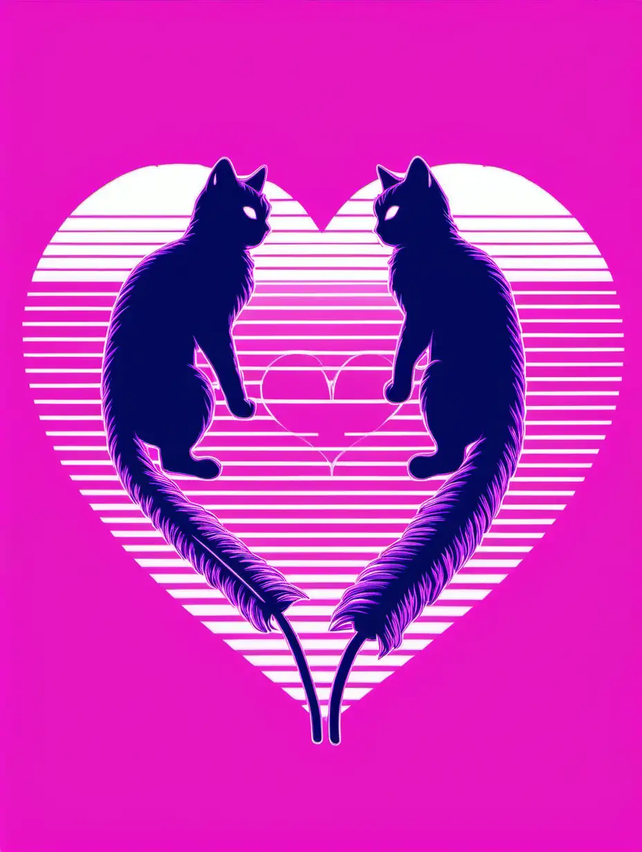 Two cat tails forming a heart together. Vaporwave style. 